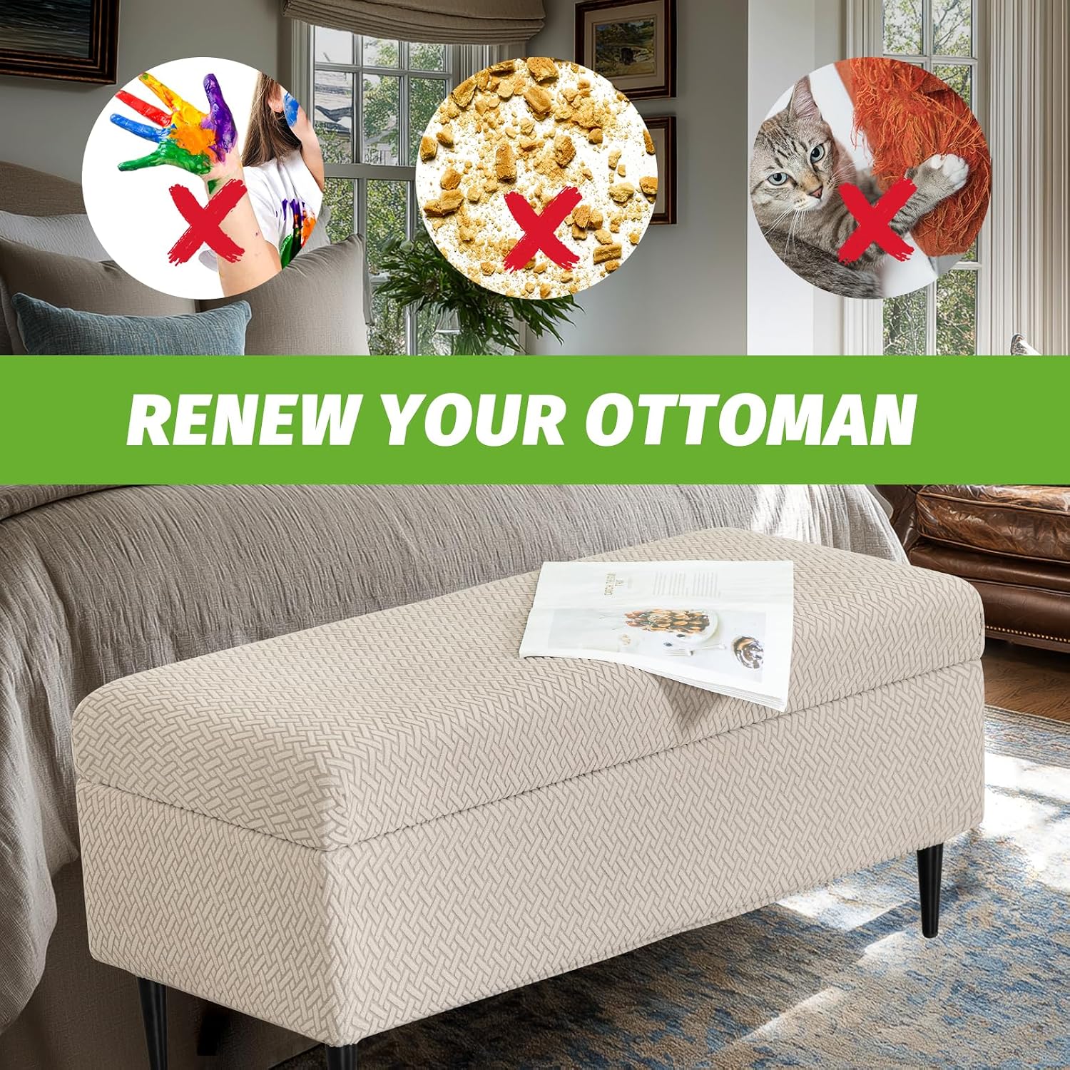 Ottoman Covers, Stretch Folding Storage Stool Slipcover Furniture Protector, Rectangle Bench Footstool Cover with Elastic Bottom, Soft Jacquard Fabric Removable Washable, Large