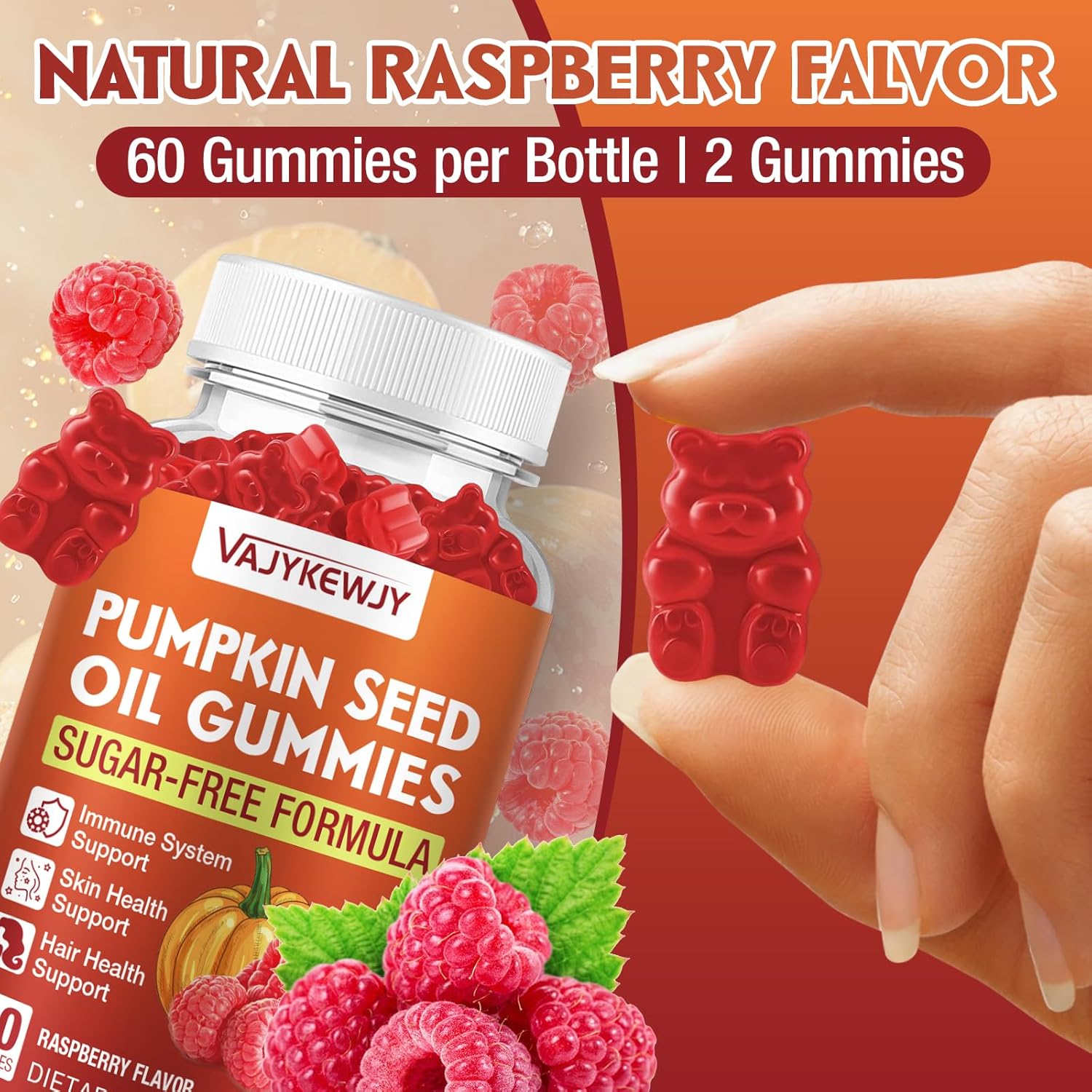Pumpkin Seed Oil & Saw Palmetto Gummies - Hair Growth & Skin Health Supplement with High-Purity Extract for Women & Men, Vegan, Raspberry Flavor, 120 Gummies