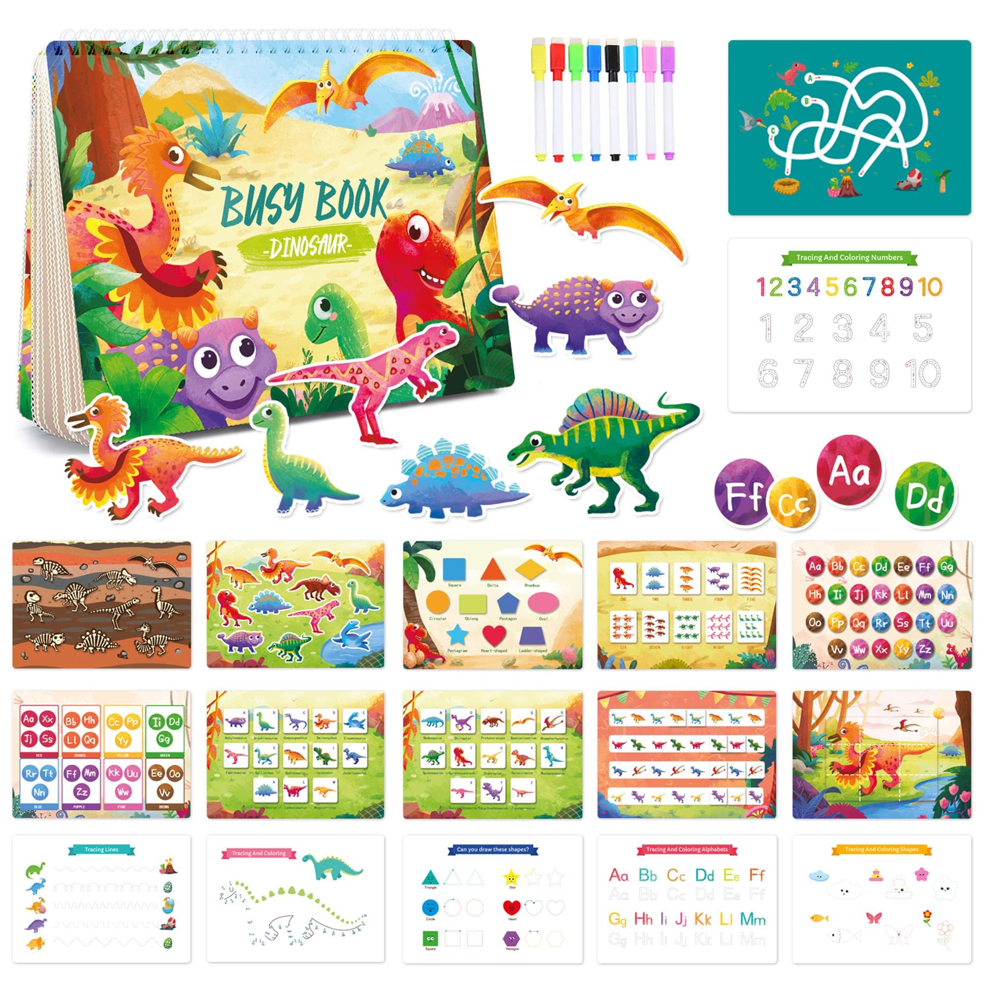 TIIANO Montessori Dinosaur Busy Book for Toddlers - Educational Learning Toy for 3-5 Year Old Boys and Girls, Perfect Birthday or Easter Gift