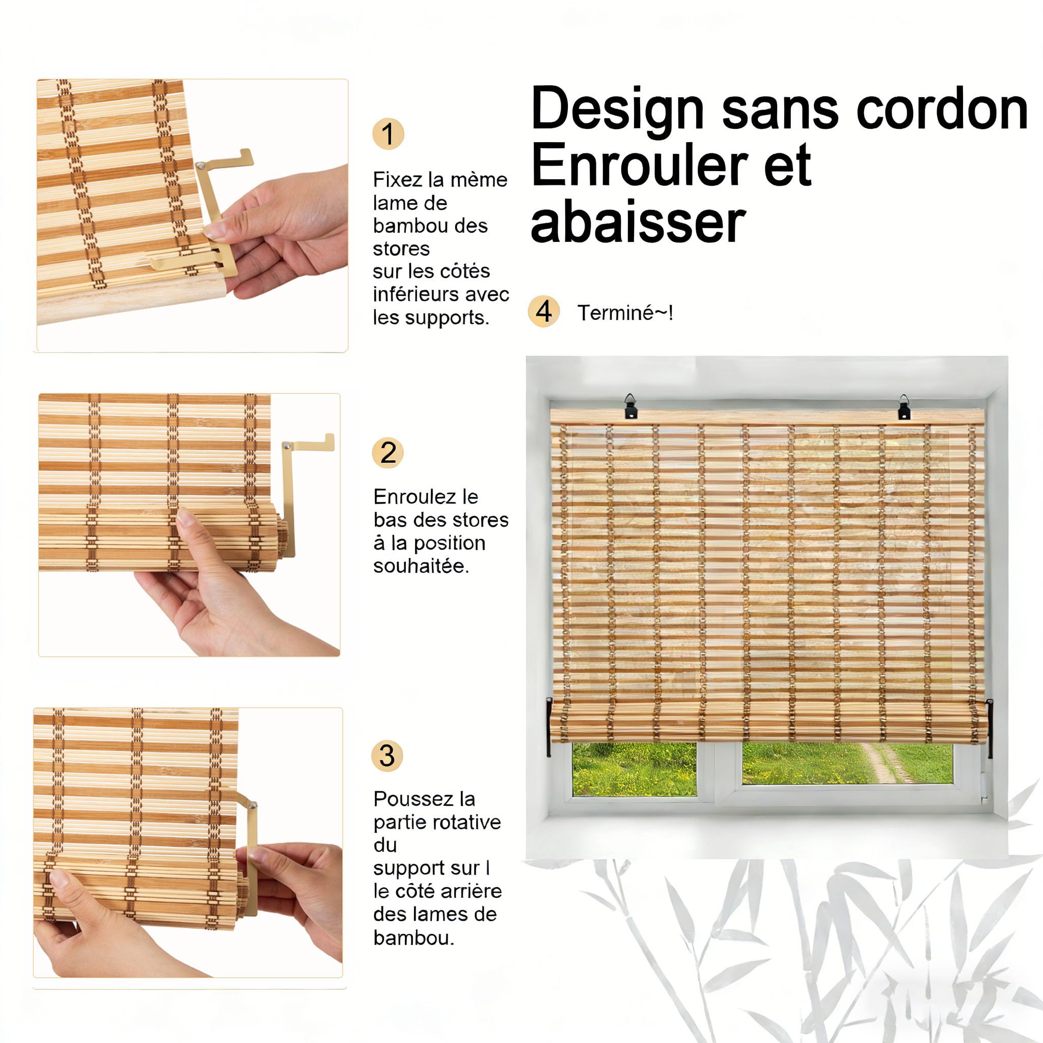 Store Enrouleur en Bambou Opaque, Protection Solaire et Brise-Vue pour Porte/fenêtre (Marron, 90 x 220 cm)