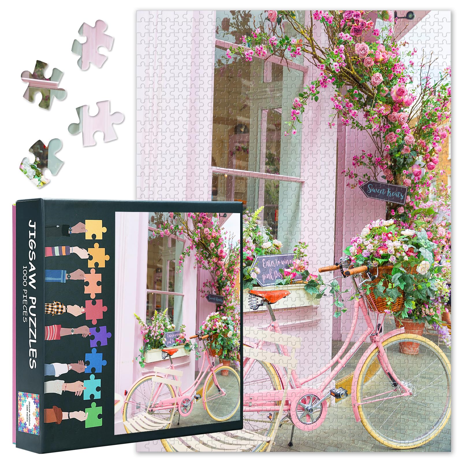 Puzzles for Adults 1000 Pieces Pink Bicycle Near Restaurant with Amazing Interior Puzzle Games,Pink Rose Flowers Hard Difficult Challenging Jigsaw Puzzles 50x70cm