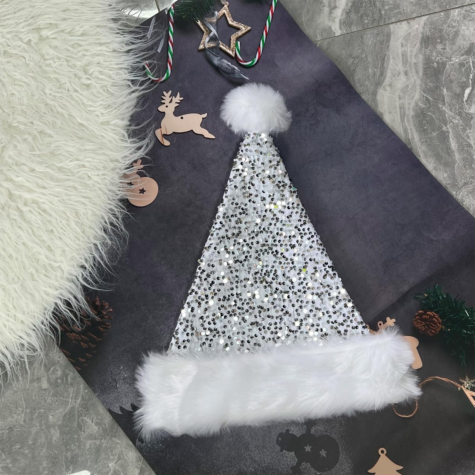 Santa Claus Hats for Kids and Adults - Luxury Plush Velvet Xmas Hats with Sequin Trim - Perfect for Christmas and New Year Parties