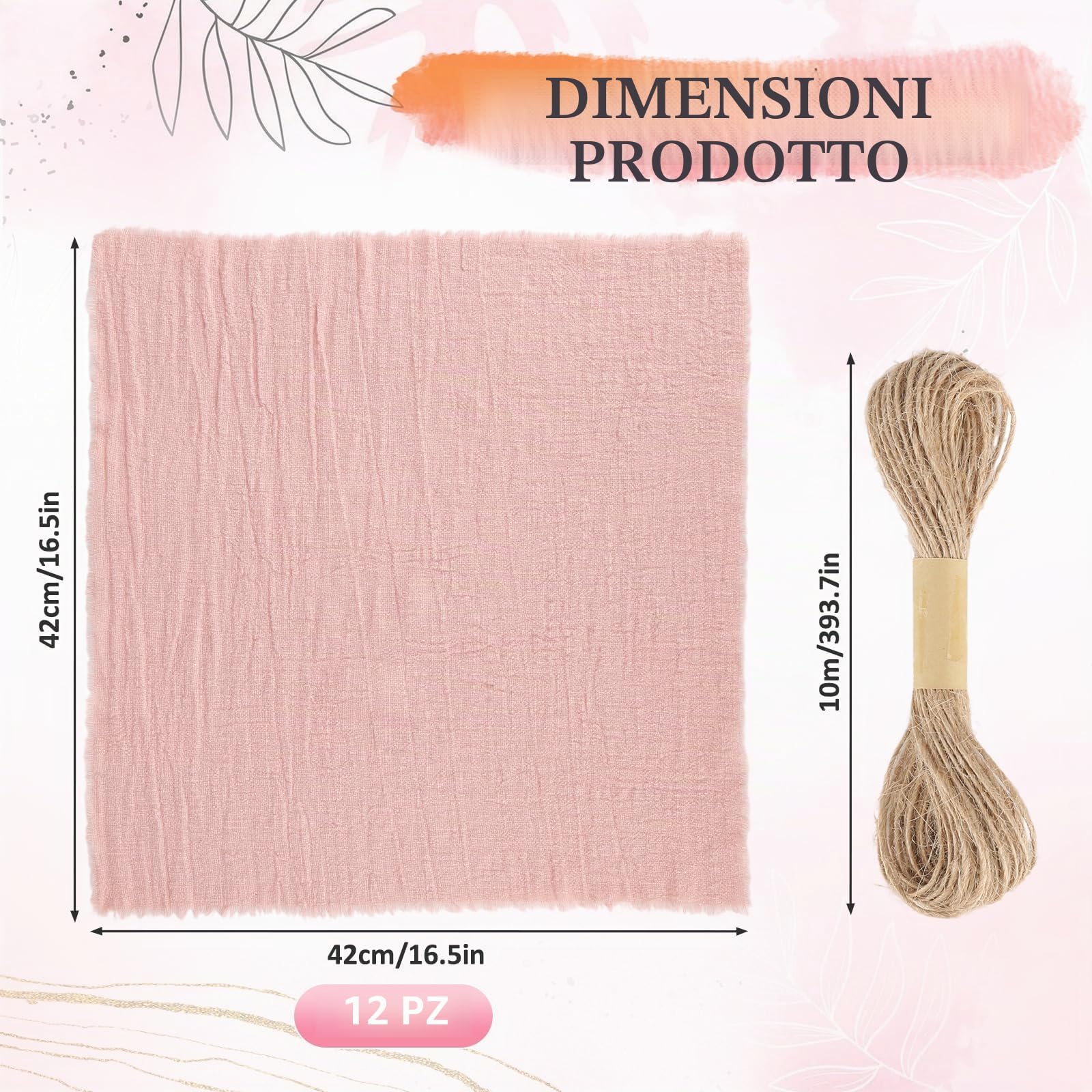 12 Tovaglioli da tavola in tessuto, 42 x 42 cm, tovagliolo da matrimonio con frangetta, tovagliolo personalizzato rustico con 10 m spago per matrimoni, compleanni e decorazioni da tavola (rosa)