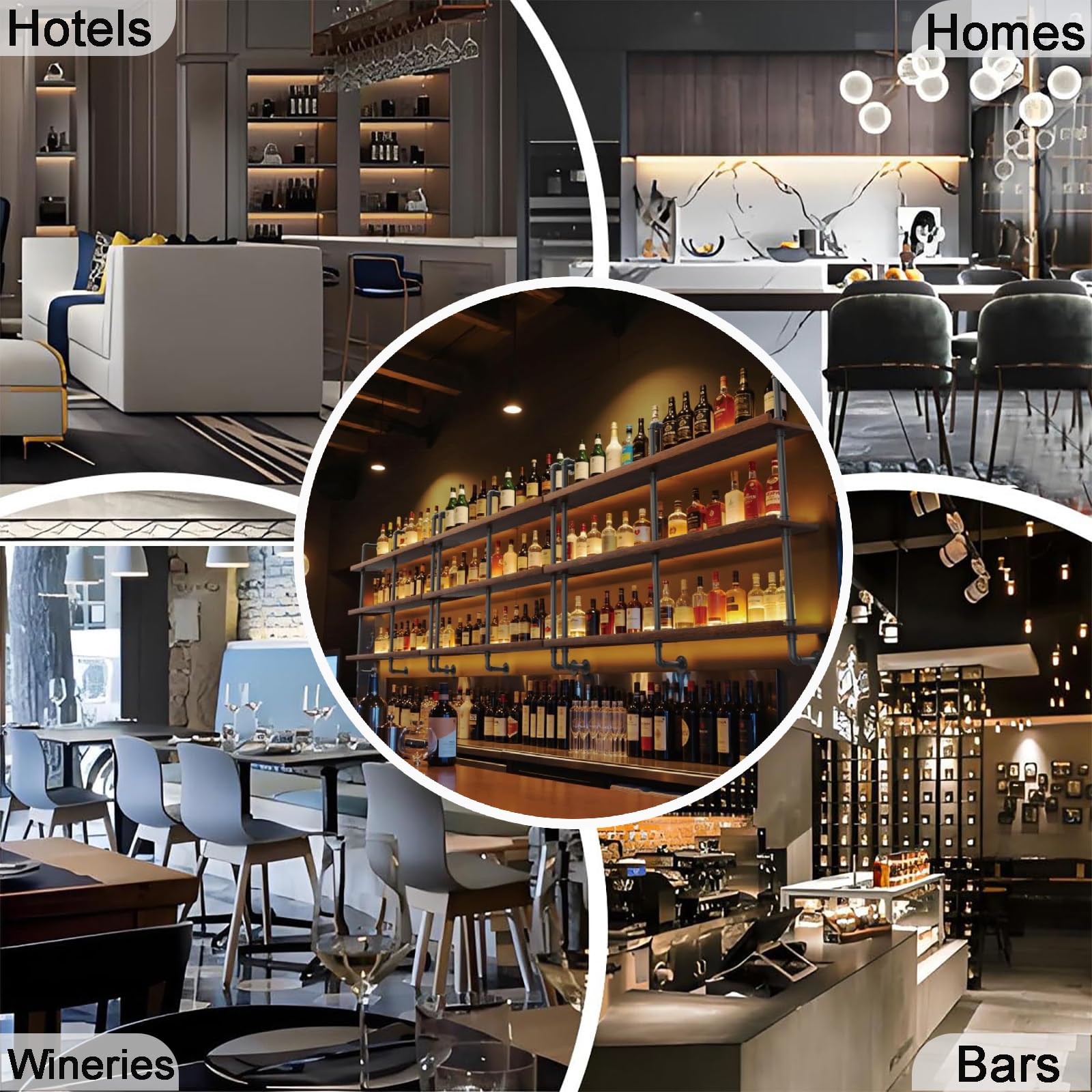 100CM Grande Portabottiglie Da Parete con illuminazione a LED,3 Livelli Supporto Vetro in legno massello in stile industriale vetrinetta da parete Pensile bar, ristoranti e case