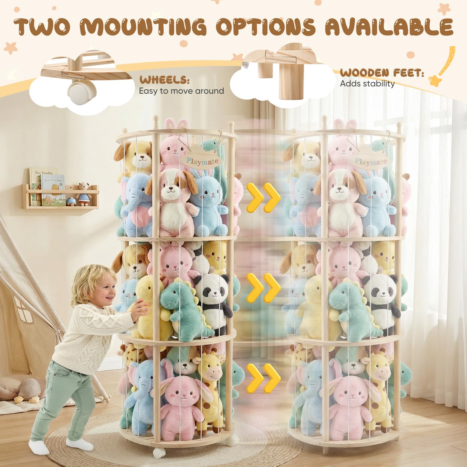Almacenamiento de peluche, con ruedas equipadas de freno de 360°, ideal para habitación de bebé, salón, dormitorio, muebles de habitación infantil (137 x 51 x 51 cm)