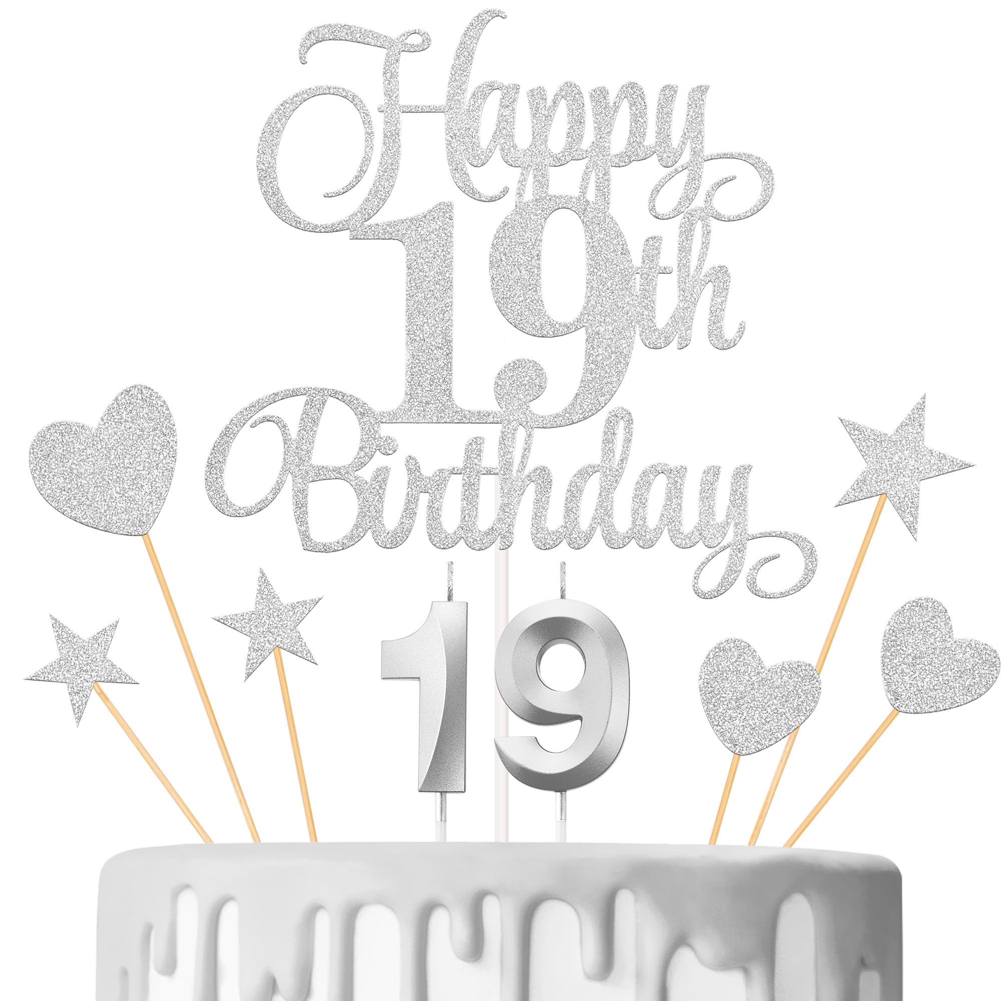 Lecferrarc 19th Birthday Cake Decorations, 19th Birthday Candles Cake Numeral Candles and Glitter Happy 19th Birthday Cake Toppers Set for Birthday