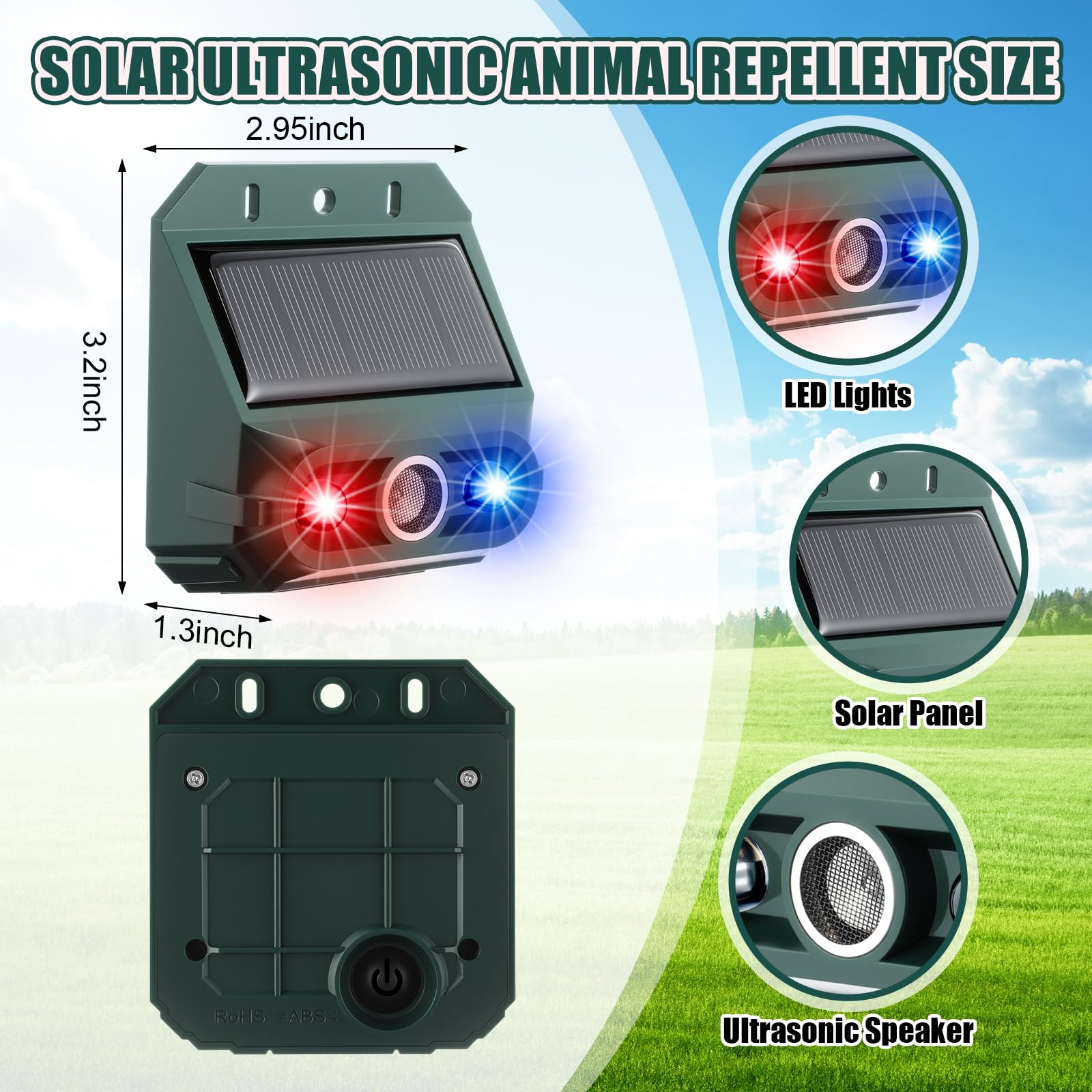 Qualirey Paquete de 4 repelentes solares ultrasónicos para exteriores, luces de depredador de animales, disuasorio, sensor de luz de movimiento, alarma, eficaz repelente de animales nocturnos para