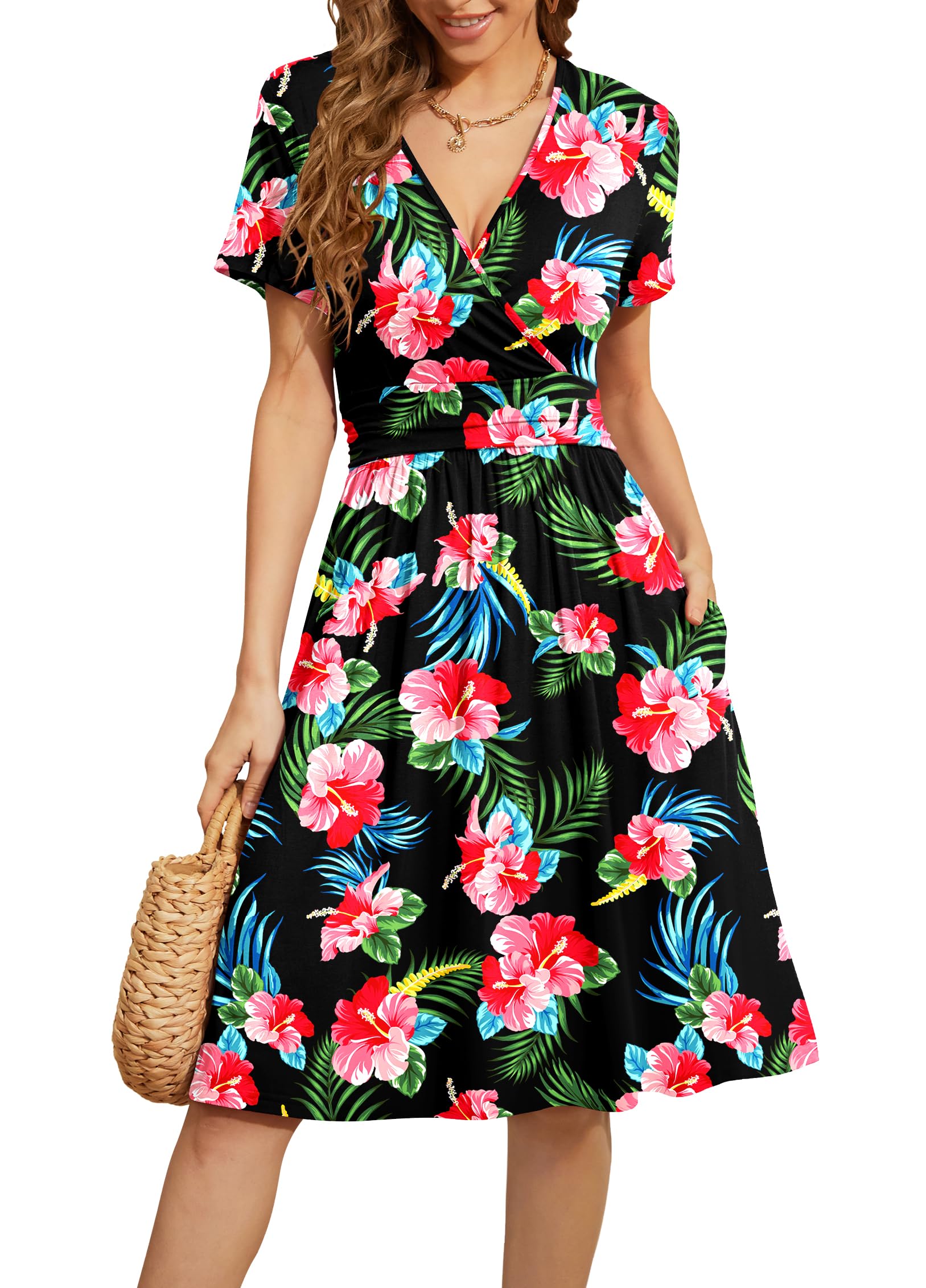 WEACZZY Women's Summer Short Sleeve Casual Dresses V-Neck Floral Party Dress with Pockets