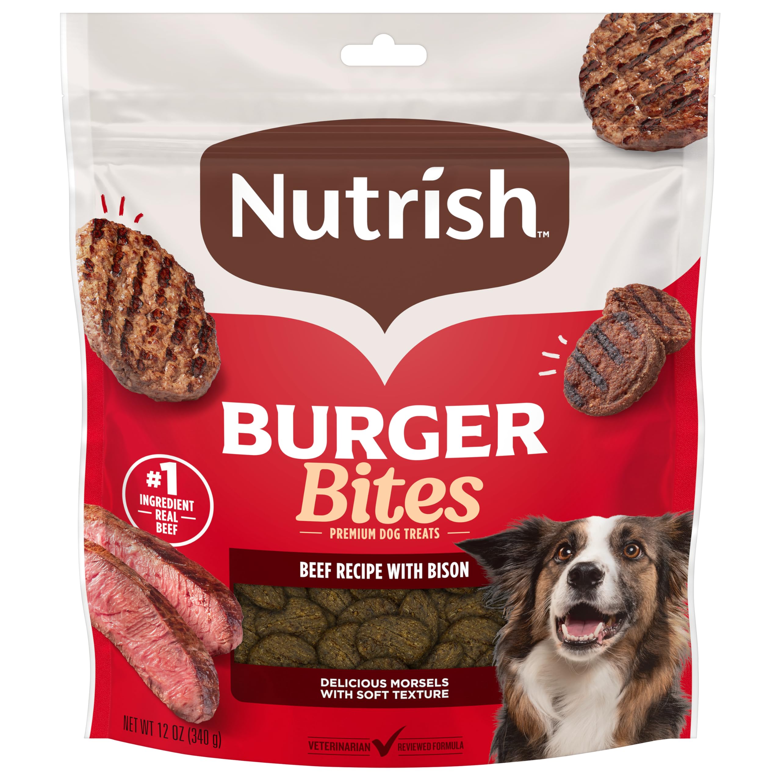 Rachael Ray Nutrish Burger Bites Real Meat Dog Treats, Beef Burger with Bison Recipe, 12 Ounces, Grain Free