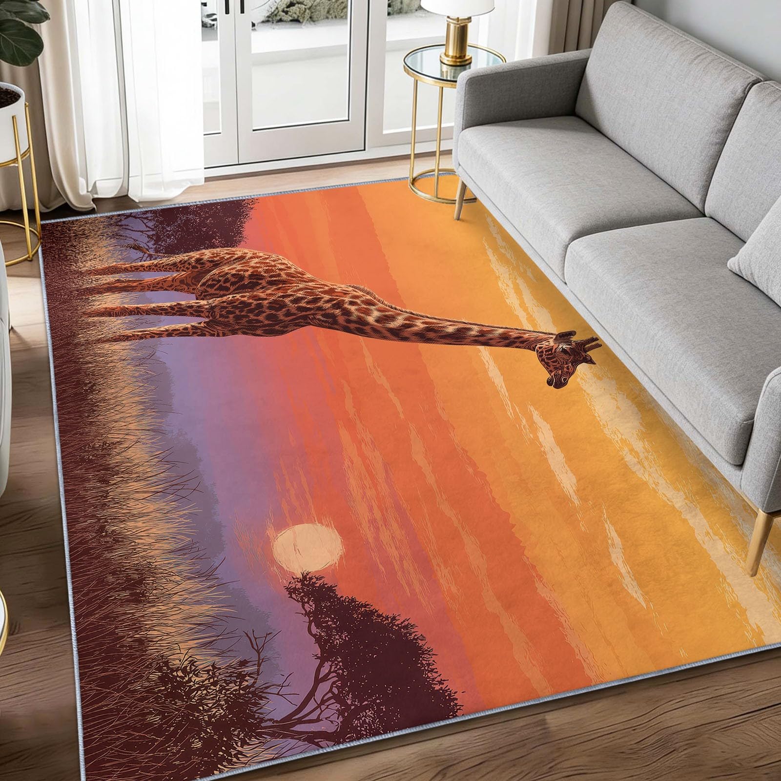 Teppich Wohnzimmer Modern Sonnenuntergangsgiraffe 80x150cm Waschbarer Kurzflor Teppich rutschfest Weich für Flur, Schlafzimmer und Büro, Wohndekoration