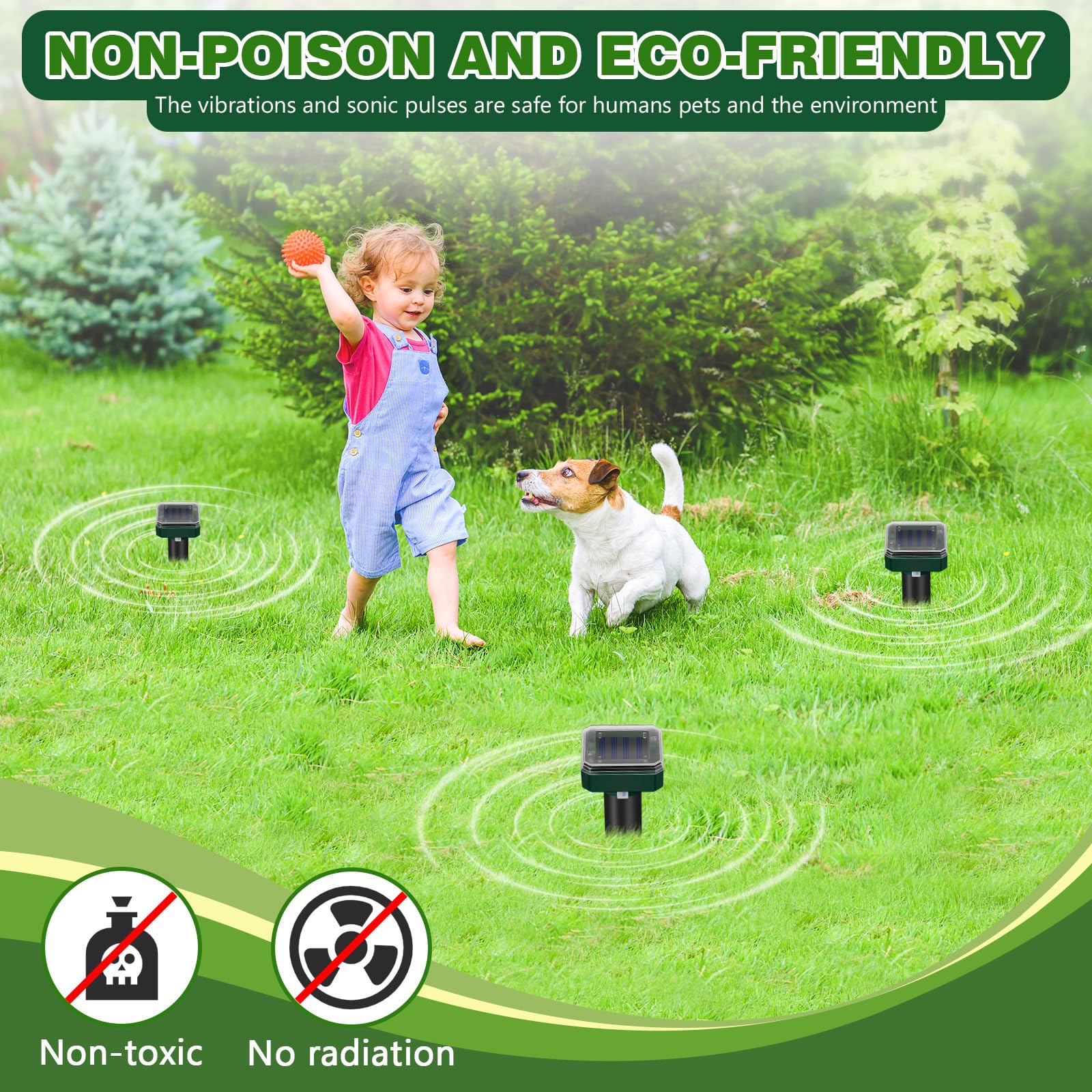 Scaccia Talpe Solare 4 Pezzi, Batteria Ricaricabile da 600mAh, Ultrasuoni Repellente Impermeabile per Talpe, Topi, Serpenti e Gopher, Efficace fino a 360 m², Ideale per Giardini, Prati e Aree Esterne