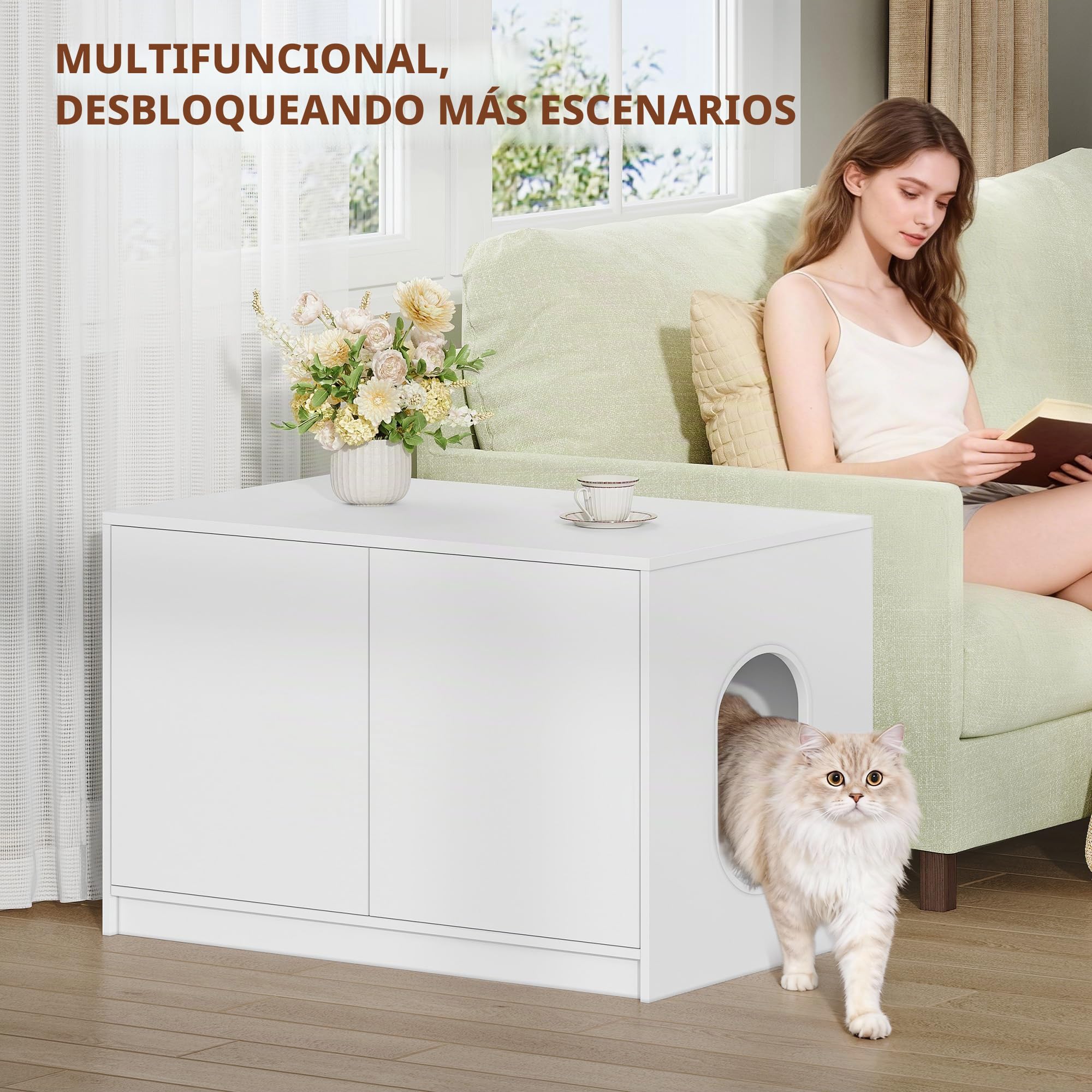 Mueble Arenero Gatos Oculta, 80 x 50 x 51,5 cm, Blanco | Armario para Gato con Puertas que se Abren con un Empujón y Orificios de Ventilación, Casa para Gatos, Minimalista FPCB201PW1