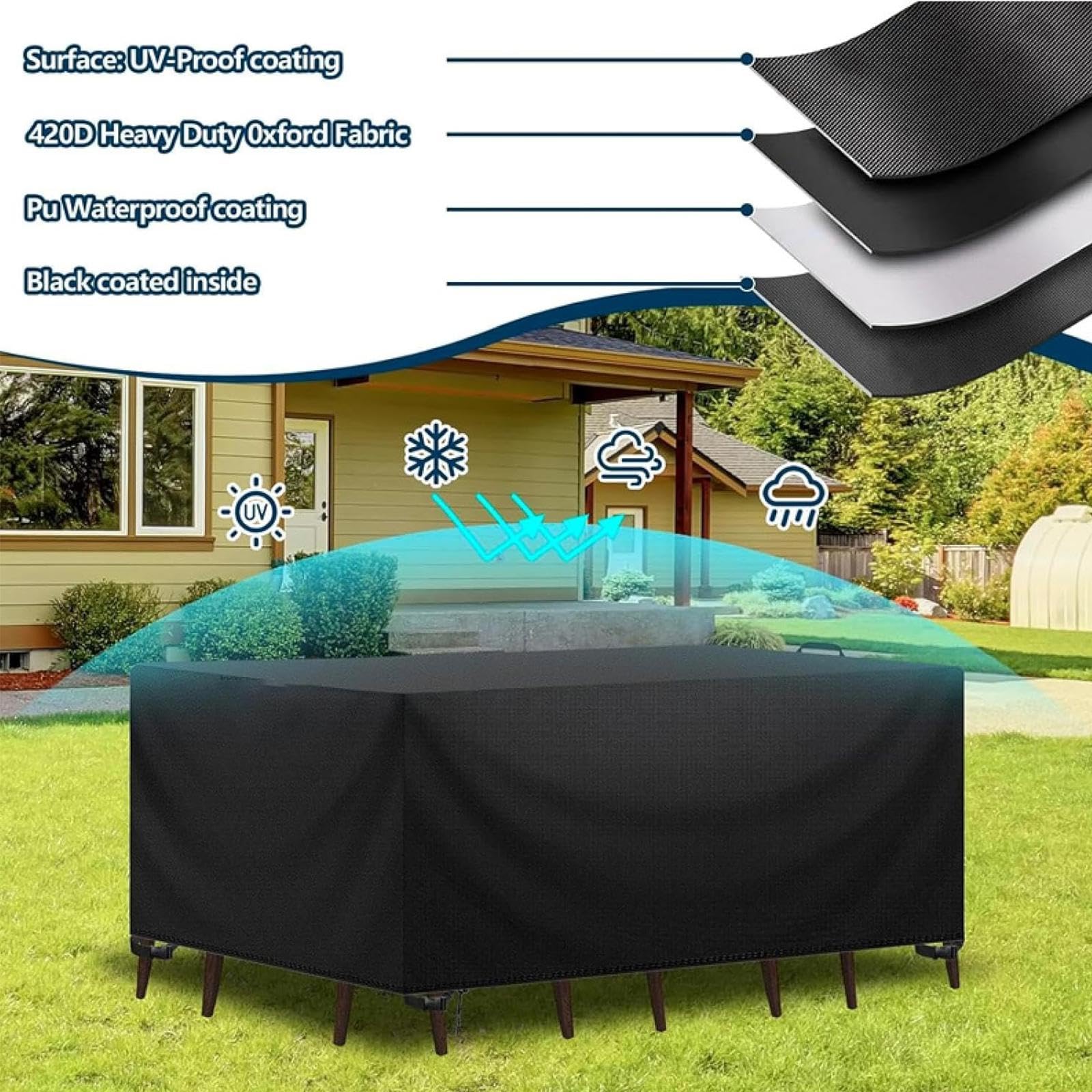 Copertura per mobili da esterno 200 x 160 x 60 cm (lunghezza x larghezza x altezza), impermeabile, resistente a pioggia, neve, polvere, anti-UV, antivento, rettangolare, in rattan, varie