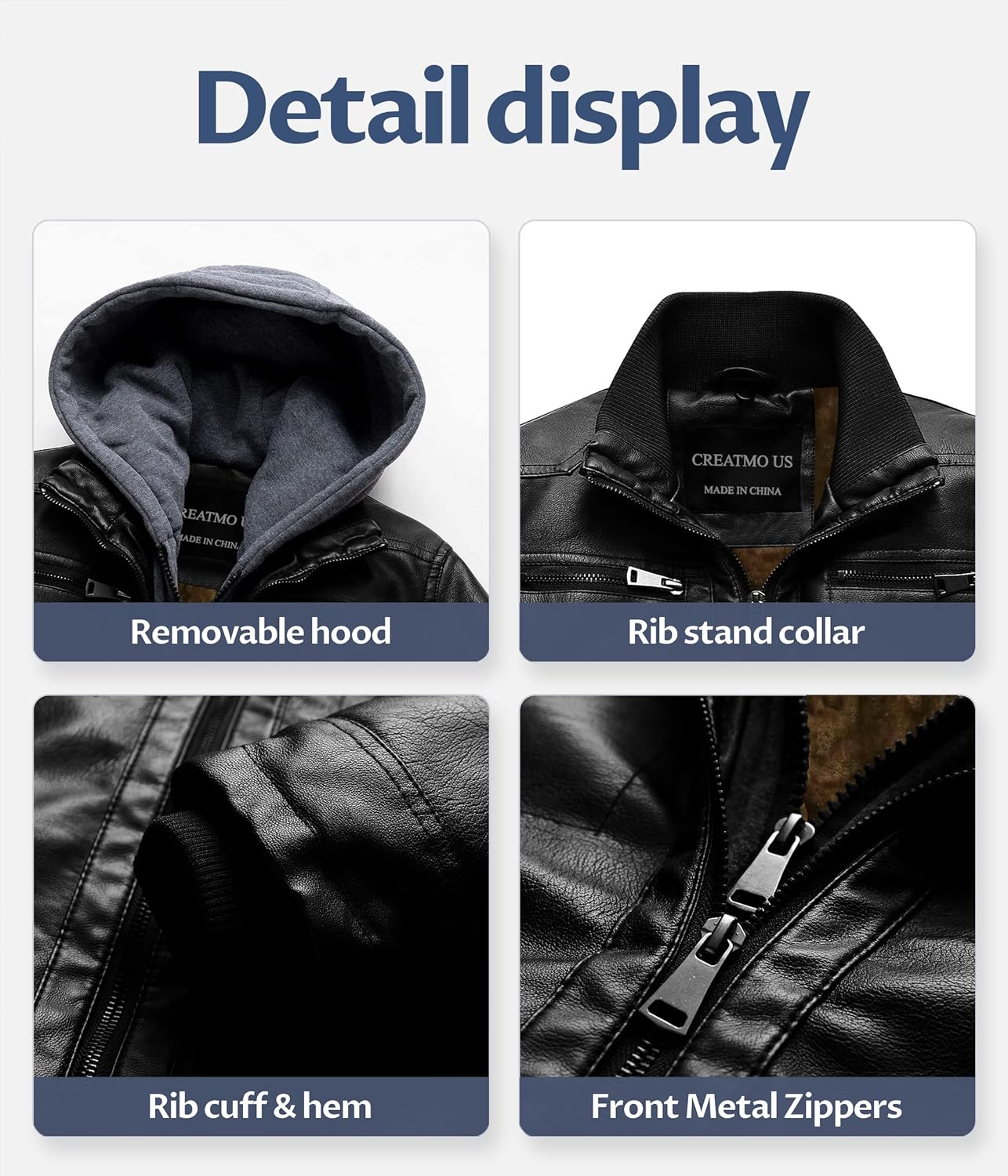 CREATMO US Men's Faux Leather Jacket Motorcycle Jacket Waterproof Windproof PU Moto Vintage Bomber Hoodie with Removable Hood - Image 5