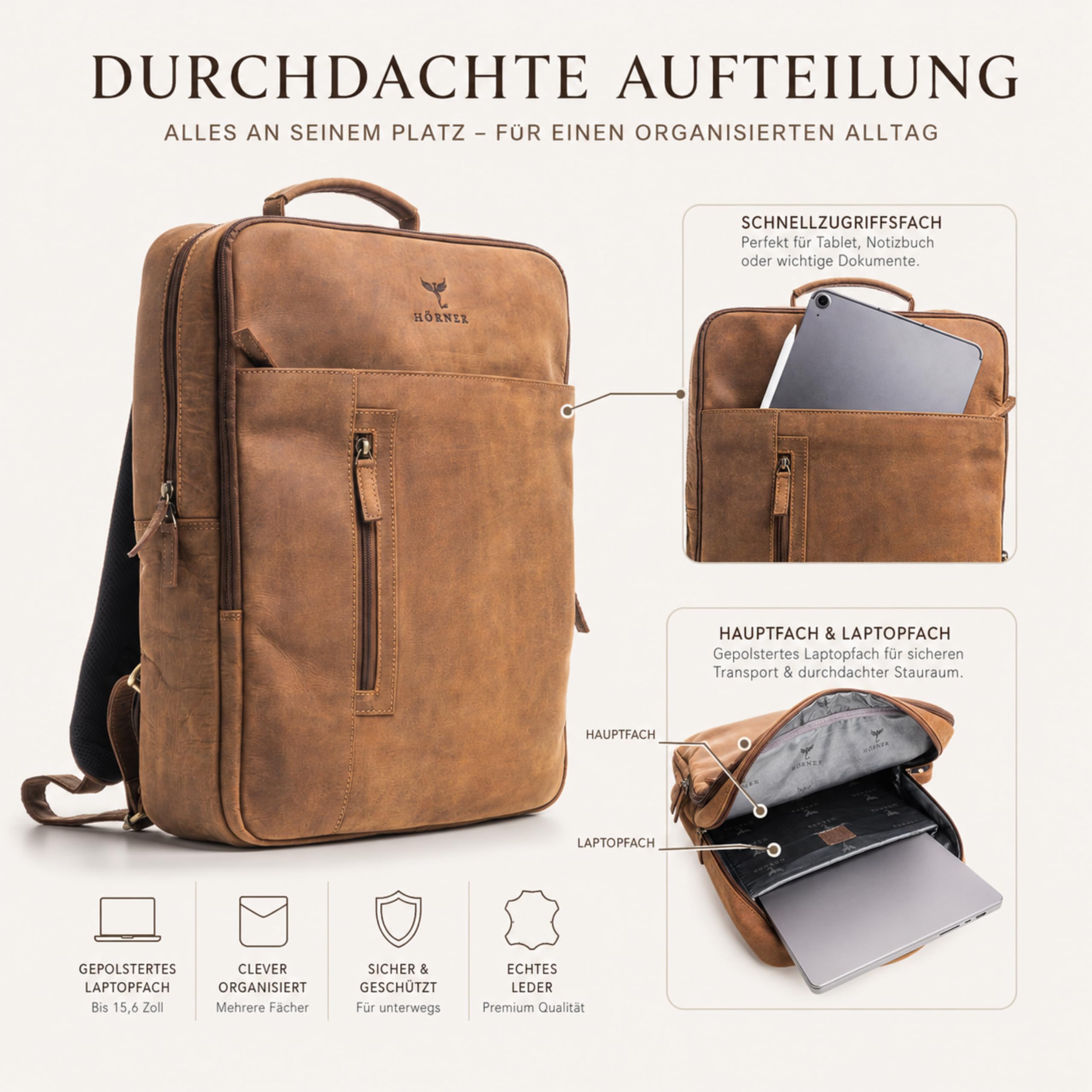 SAXUM Leder Rucksack Herren – Business Laptop Rucksack bis 16 Zoll – Echtleder Lederrucksack mit Laptopfach für Arbeit, Büro, Uni & Reise – geeignet Ryanair Handgepäck 40x30x20 - Braun