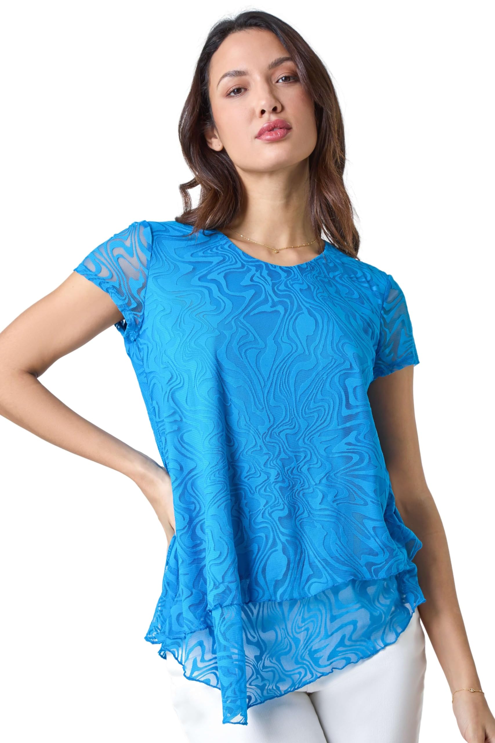 Roman Originals Women's Blue Burnout Spot Print Asymmetric Top - Stretch Jersey Round Neck 3/4 Length Sleeves Lettuce Hem Daywear Tops - Size 12
