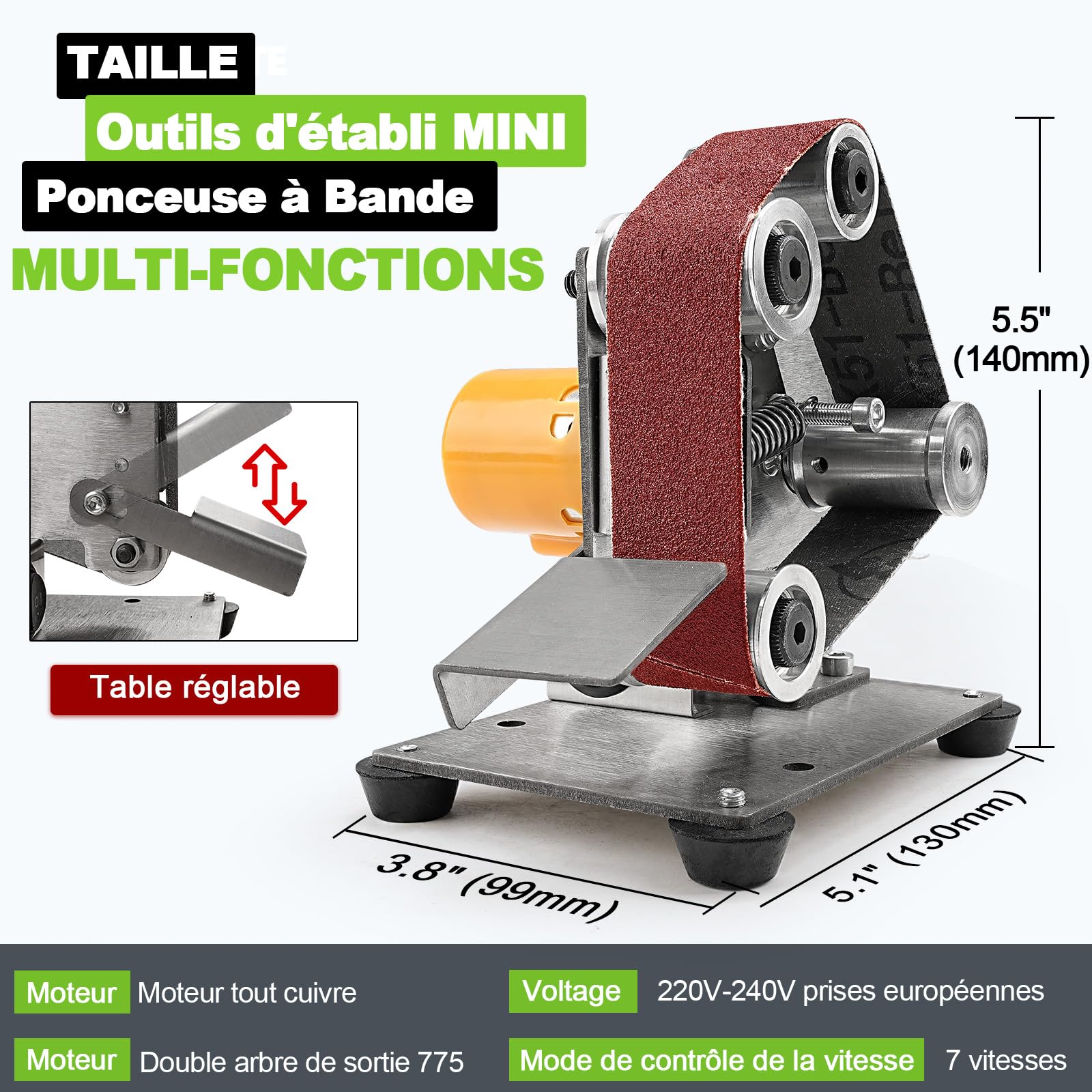 SI FANG Mini Ponceuse à Bande électrique Kit d'affûtage de Couteau, Petite Meuleuse d'établi, 7 Vitesses réglables, Pour le Travail du bois et du métal, la Bijouterie l'artisanat Polissage Meulage
