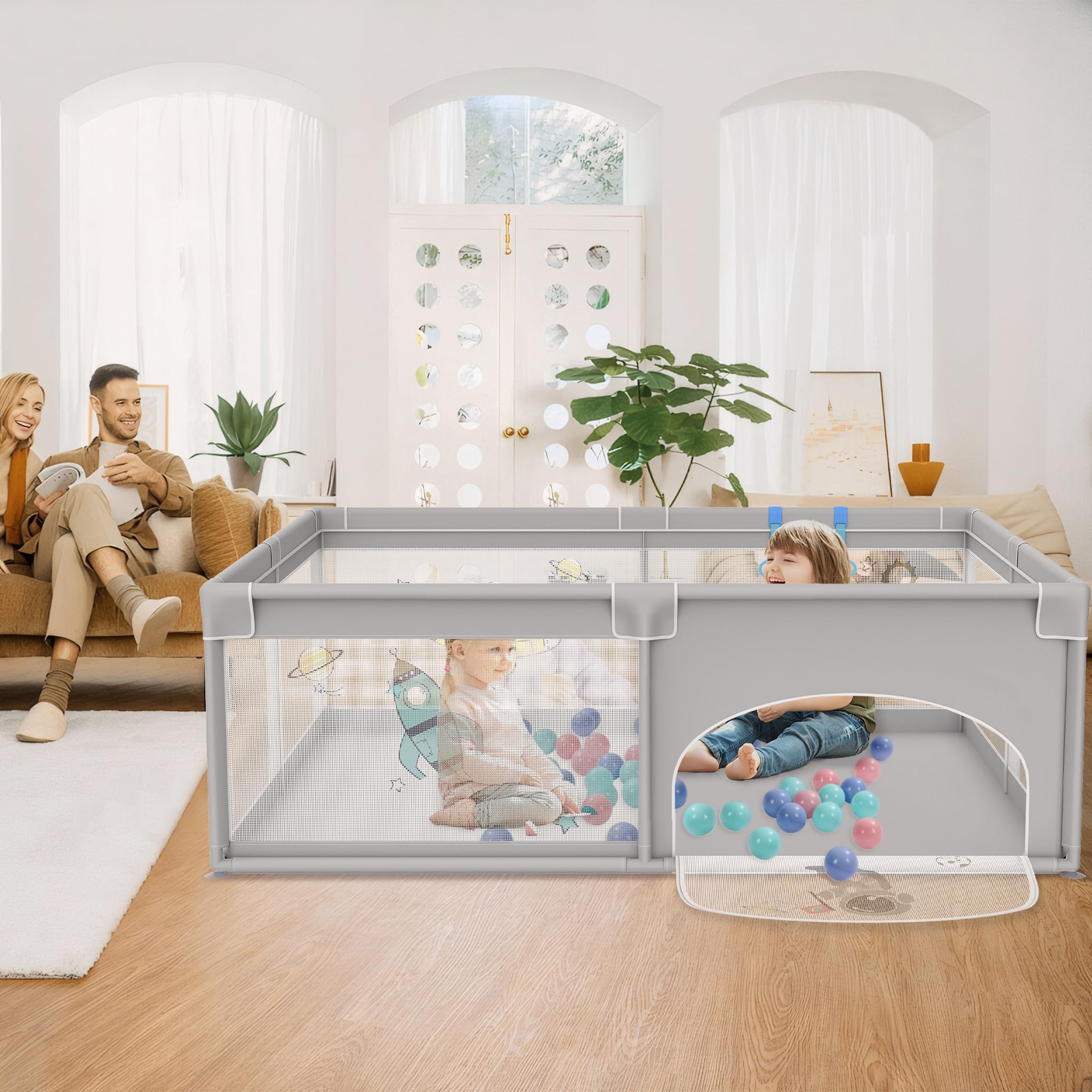 UISEBRT Box per bambini, 180 x 200 cm, con 50 palline oceaniche e 4 anelli e borsa per il trasporto, pieghevole, con rete traspirante, per bambini, grigio con motivi astronauti