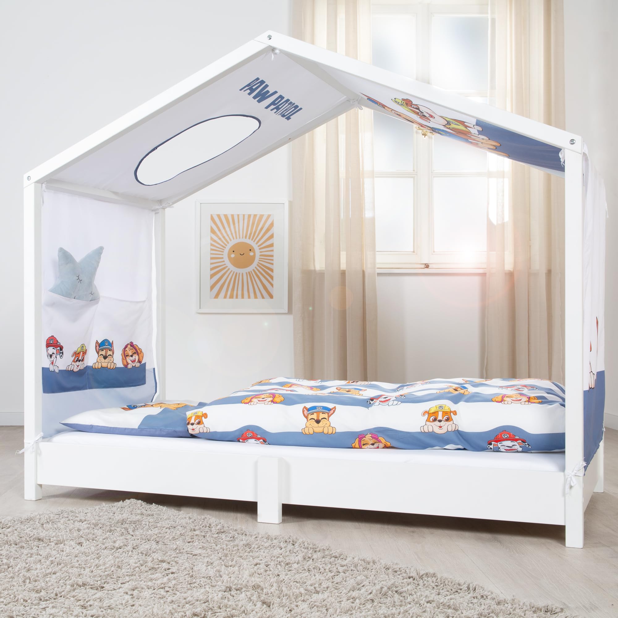 roba Bezug für Montessori Hausbetten 70 x 140 cm im Paw Patrol Design - Passendes Zubehör zum Umbau in Himmelbett - Inkl. 3 Aufbewahrungstaschen & Dachfenster