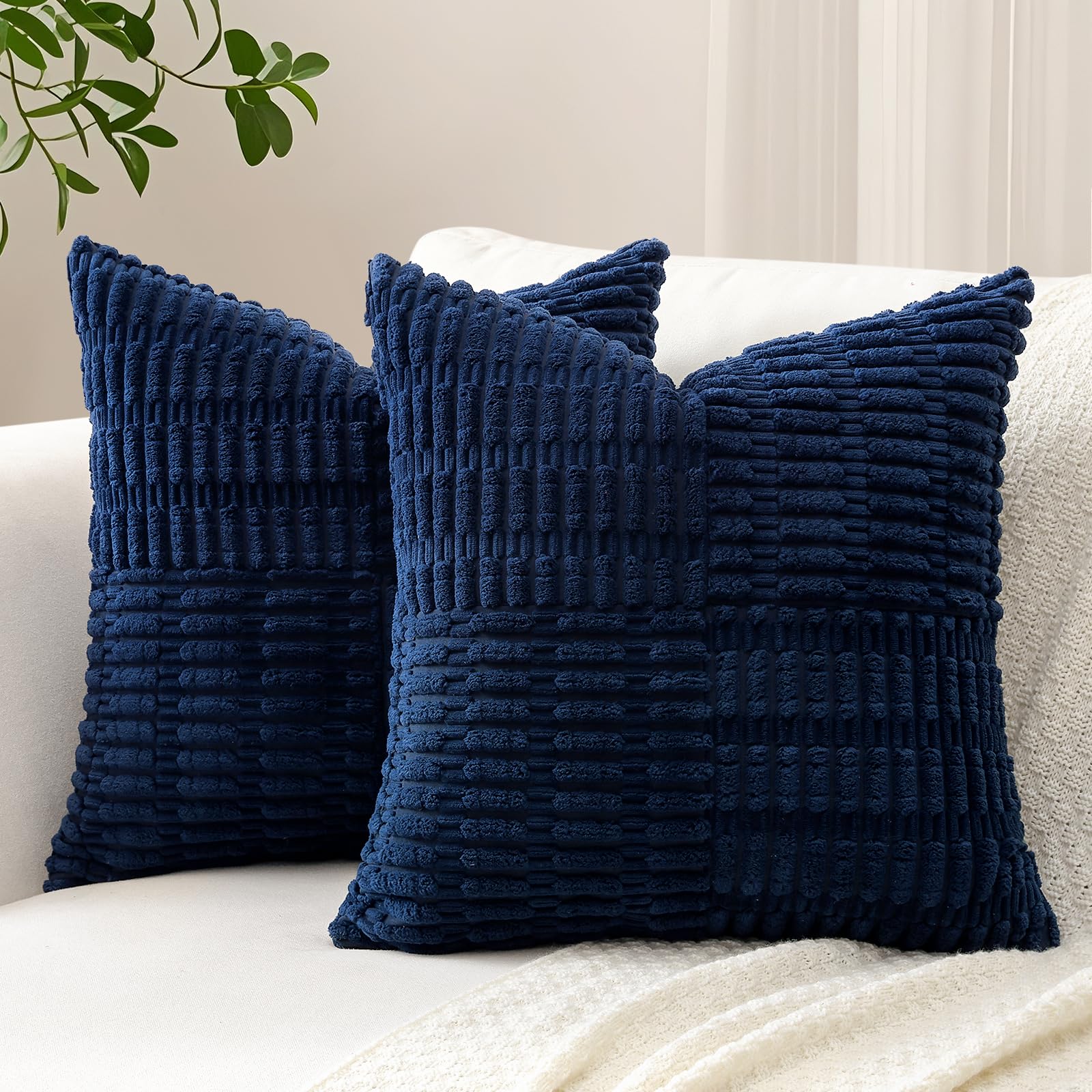 Sungeek Set of 2 Decorative Cushion Covers 60 x 60cm Soft Corduroy Striped Cross Patchwork Textured Pillow Cases Boho Farmhouse Square Throw Pillow Covers for Sofa Bed Patio 24x24 Inch, Navy Blue — image 1