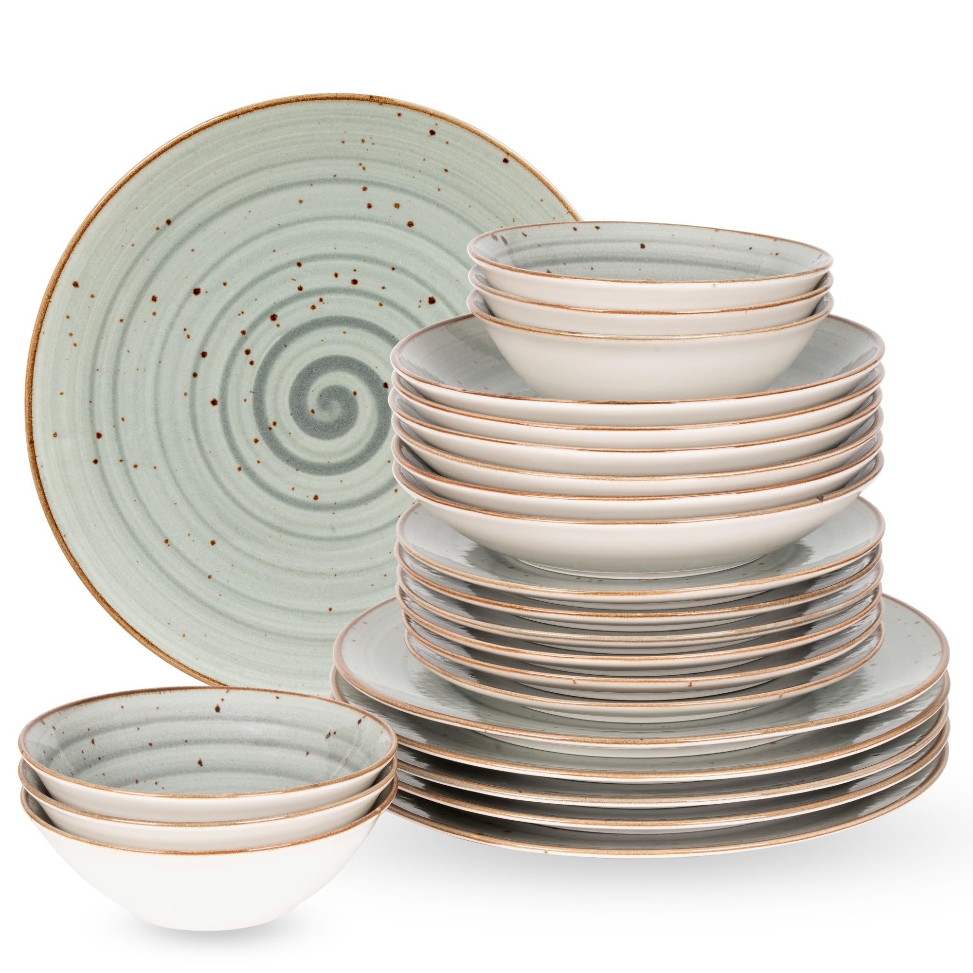 Geschirrset 24-teilig aus Porzellan für 6 Personen | Tiefe Suppenteller, Flache Essteller, Dessertteller und Schüsseln | Hochwertiges modernes buntes Vintage Tafelservice Kombiservice | Grau