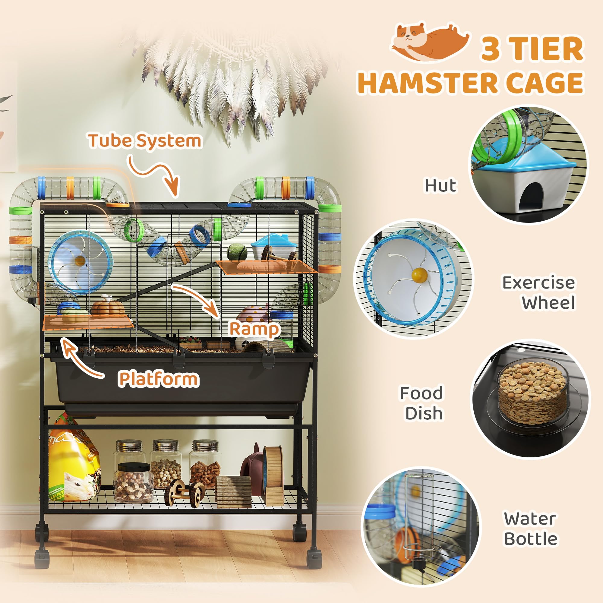 PawHut Hamster Cage, 3 Tier Large Gerbil Cage on Wheels with 17 cm Deep Tray, Storage Shelf, Big Exercise Wheel, Tube System, Hut, Platforms, Ramps, Food Dish, Water Bottle, for Syrian Hamsters, Rats