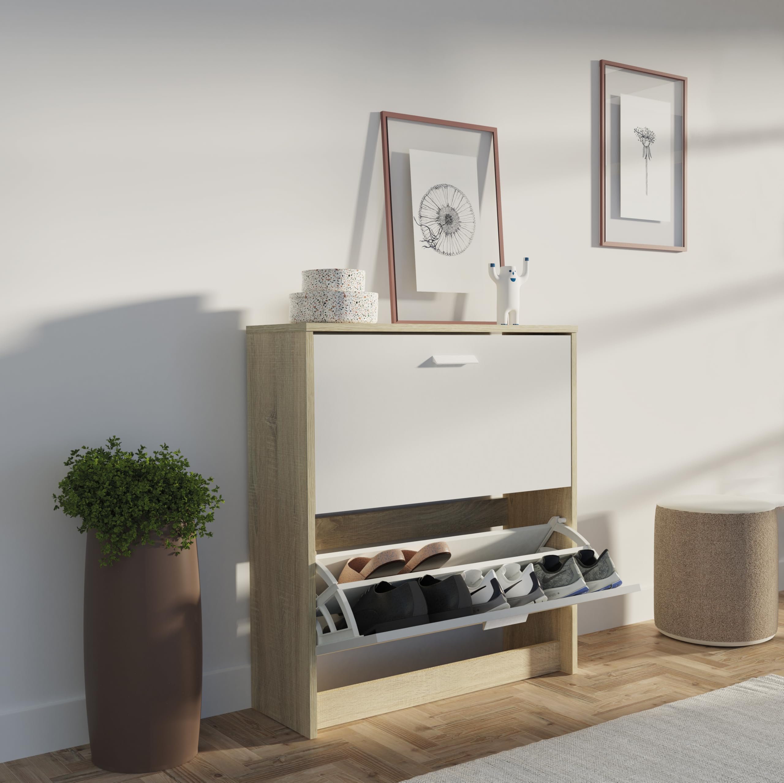 Muebles Pitarch | Scarpiera Ingresso Mobile ausiliario stretto 2 porte per ingresso Bianco e Rovere Cambrian, 12 paia di scarpe, 82x74x25cm, Collezione Tibet
