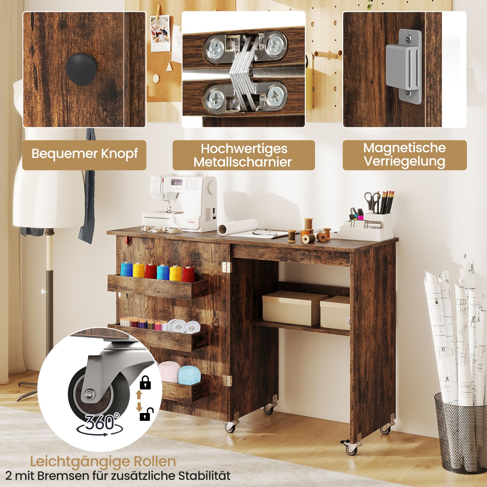 COSTWAY 2 in 1 Nähschrank & Schreibtisch klappbar, Nähtisch aus Holz mit 3 Einlegeböden für Spulen & feststellbare Rollen, Nähmaschinenschrank für Wohnzimmer, Schlafzimmer & Büro (Braun)