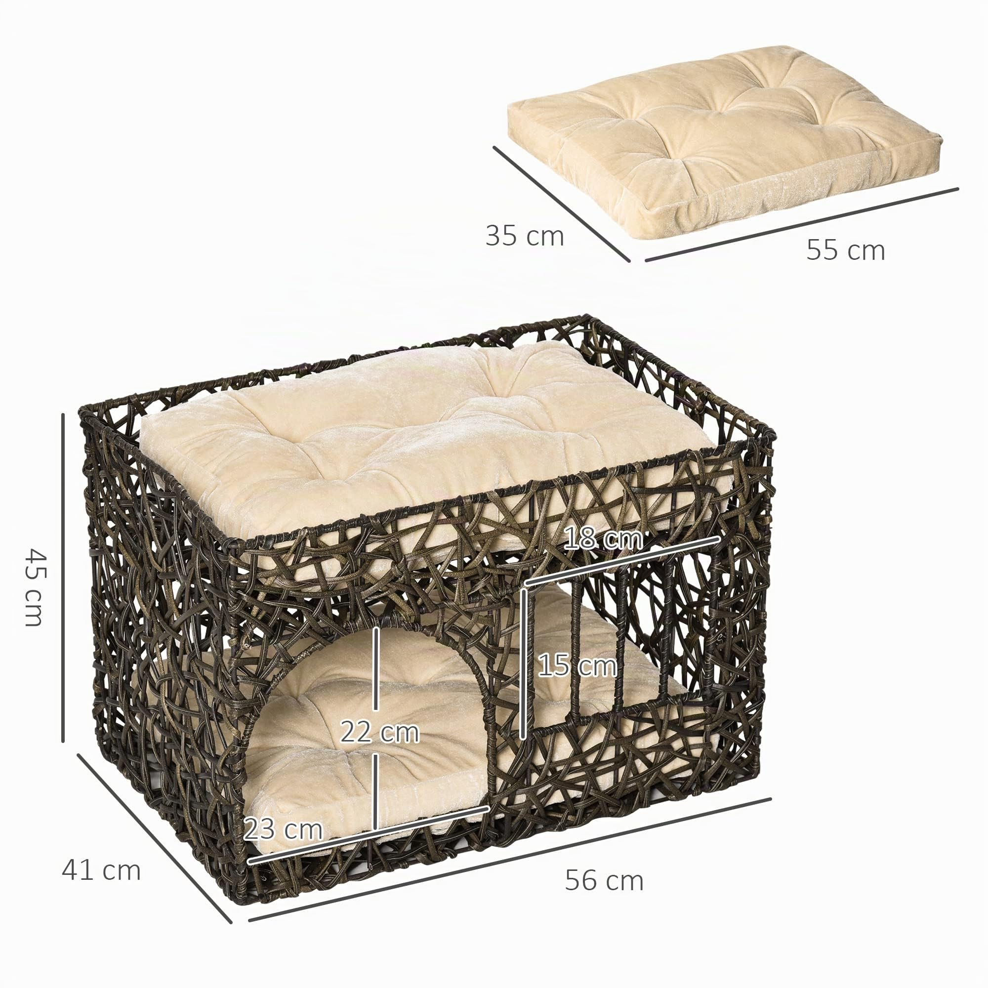 PawHut Cesta de Ratán para Gatos con 2 Cojines 56x41x45 cm Café Oscuro | Suaves, Ventana de 2 Alturas, Cama Cueva de Gatos