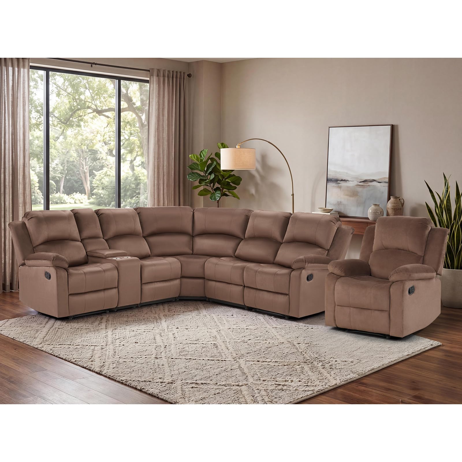 EBELLO Manual Reclining L-Shaped Sectional Sofa Set, Included Soft Microfiber Corner Couch and Recliner Chair with Center Console, Cup Holders, Recliner Sectional Couches for Living Room, Brown view 7