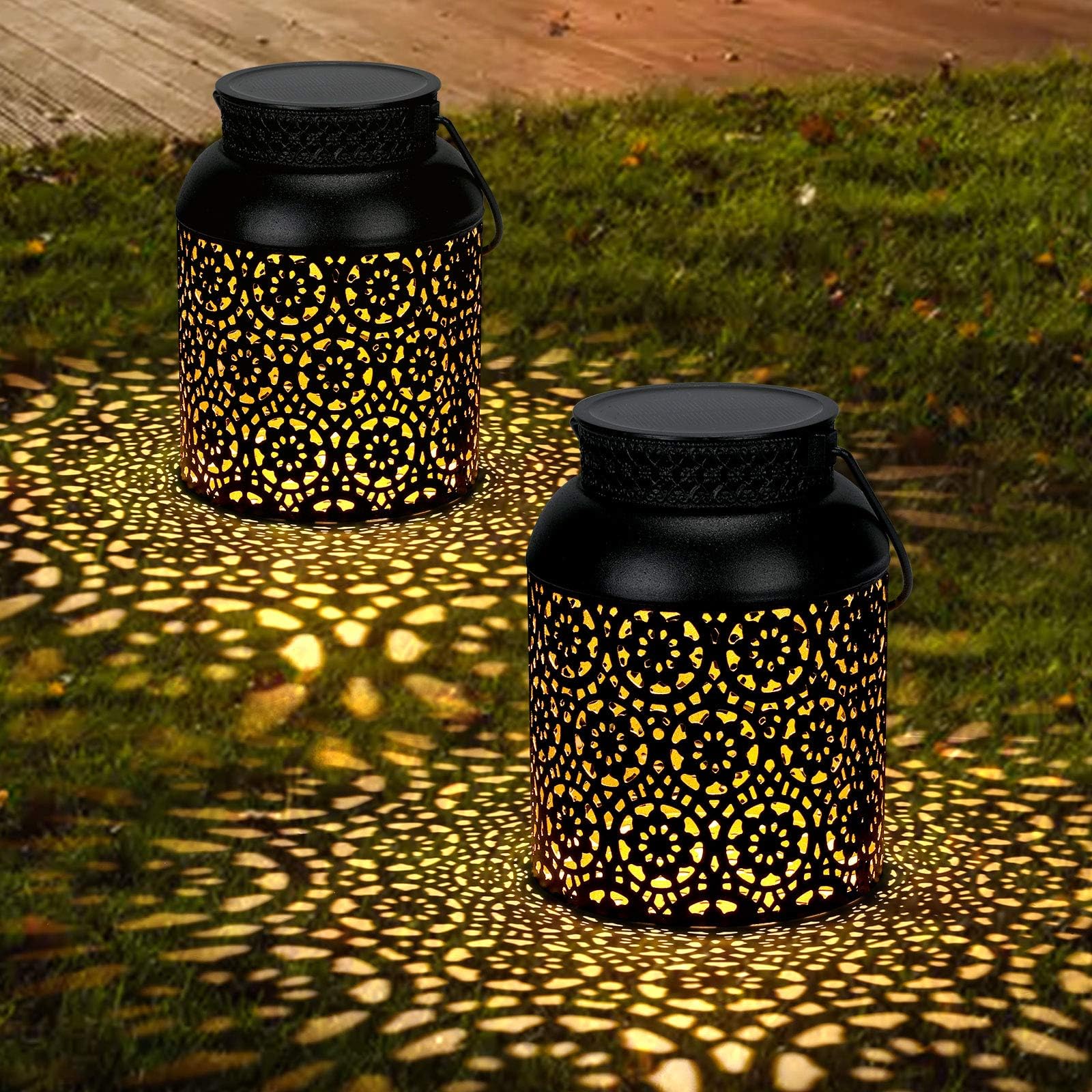 GolWof Solar Lanterns Outdoor Waterproof, 2 Pack Hanging Lanterns with Handles Decorative Metal Solar Powered Lights for Christmas Decoration, Backyard, Lawn, Garden, Patio, Party