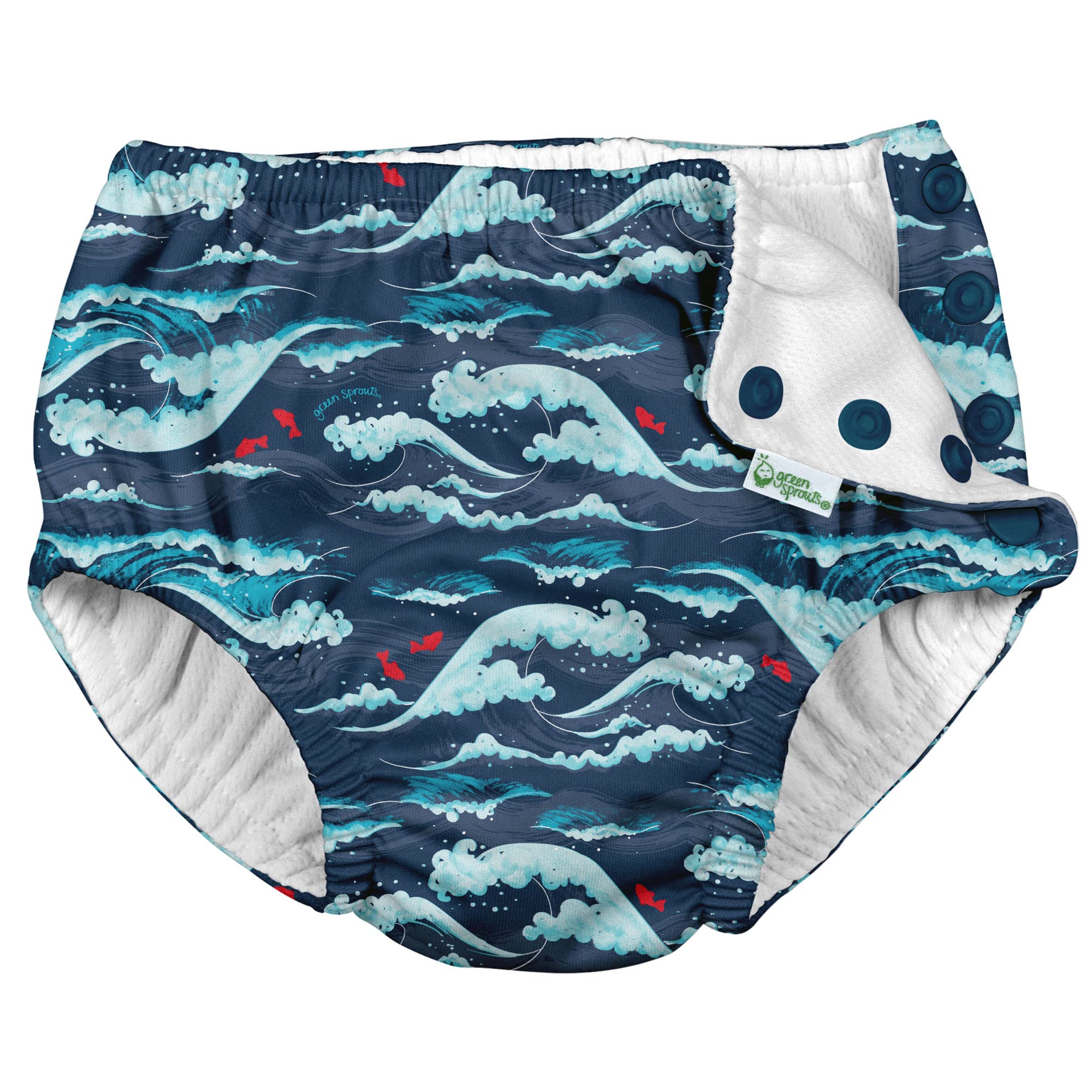 i Play by Green Sprouts Boys Reusable Absorbent Baby Swim Diapers - Swimming Suit Bottom | No Other Diaper Necessary Navy Tidal Waves 6 Months