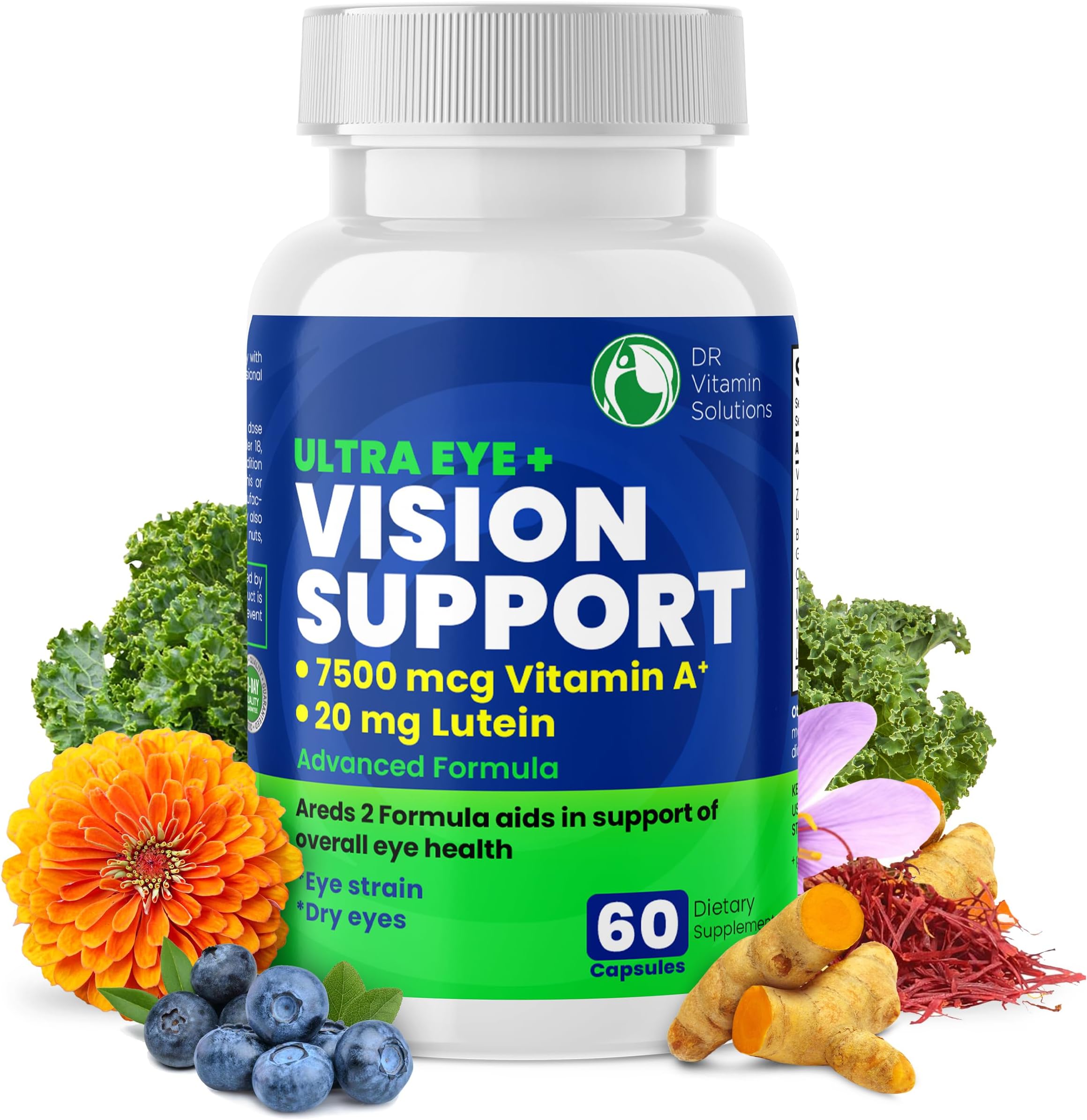 AREDS 2 Eye Vitamins with Lutein and Zeaxanthin for Macular Health, Bilberry Vision Health Supplement, 20mg Lutein, Zinc & Vitamin A, Blue Light & Dry Eye Support, Non-GMO, Gluten-Free, 60 Capsules