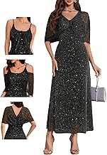 BeryLove Sequin Christmas Formal Mother of The Bride Dress Cocktail Evening Wedding Guest Dresses with Shawl