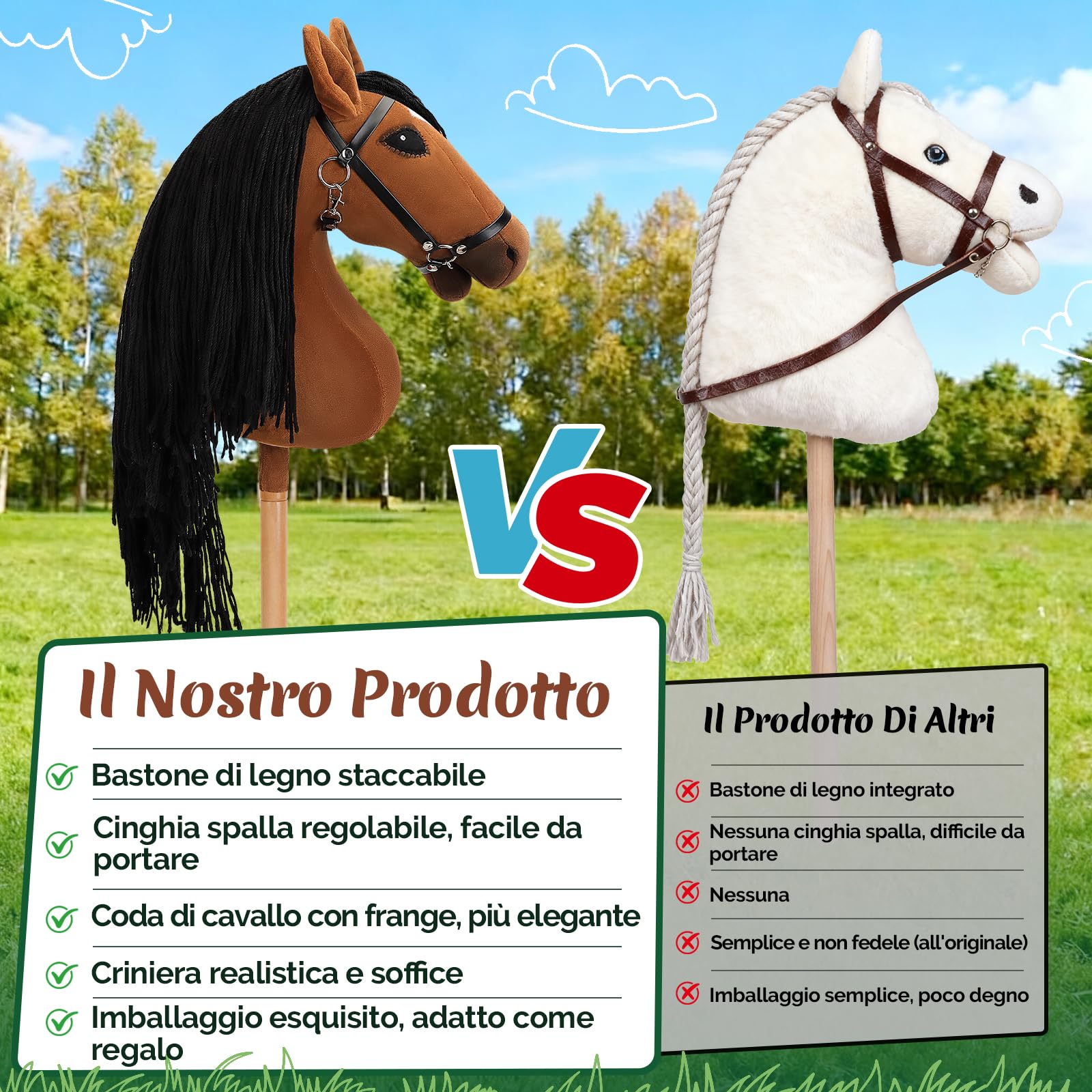 Charmofun Hobby Horse, Cavallo con Bastone per Bambini con Testa A3, Morbido Halter in Peluche, Coda Fluente e Cinghia Regolabile, Ideale per Gioco e Regalo (Marrone)