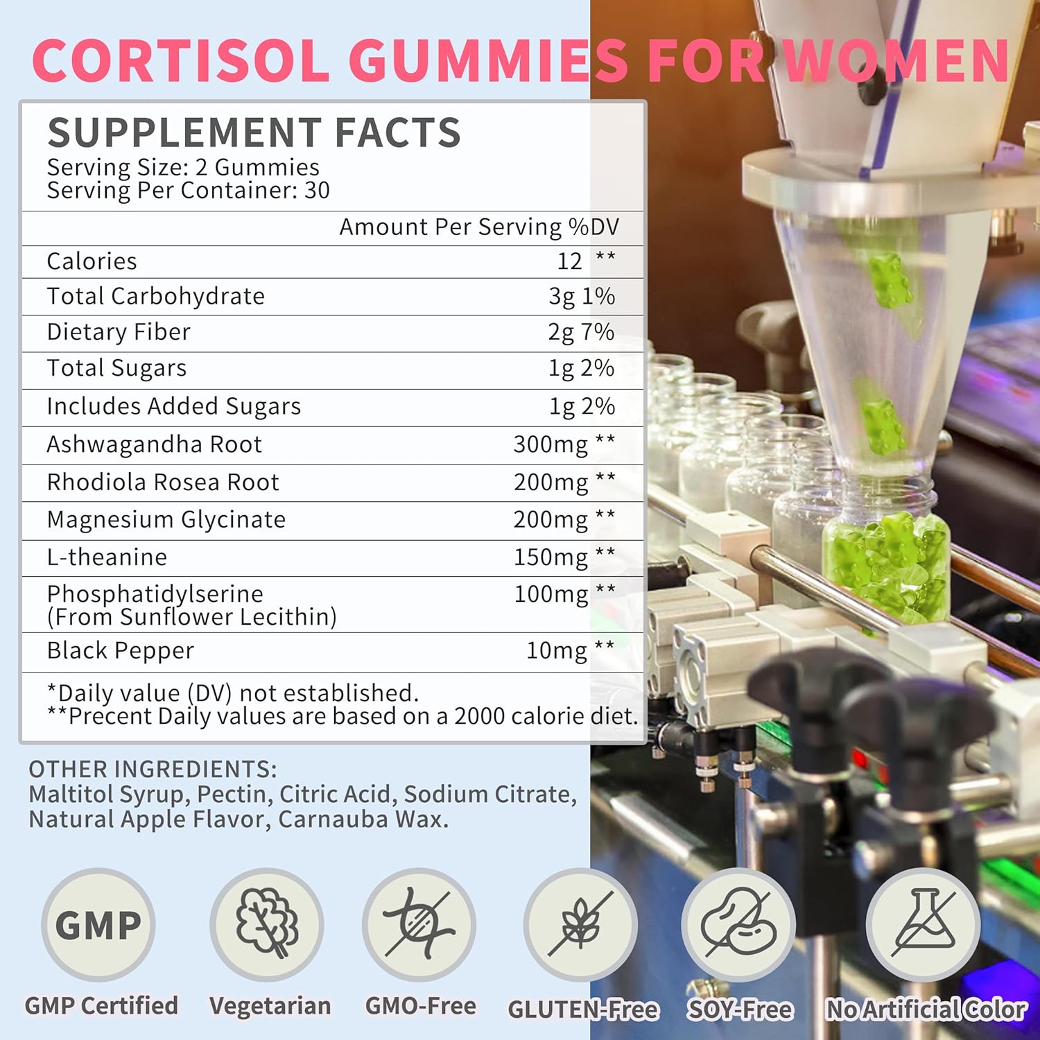 Cortisol Gummies for Women,Cortisol Manager with Ashwagandha,Magnesium,L-theanine,Phosphatidylserine,Rhodiola Rosea,Black Pepper for Mood Support,Adrenal Balance,Sleep,Vegan,Apple Flavor,180 Count