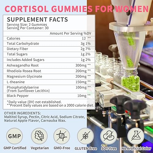 Miniatura 2 de Gomas de Cortisol para Mujeres, Controlador de Cortisol con Ashwagandha, Magnesio, L-teanina, Fosfatidilcolina, Rhodiola Rosea, Pimienta Negra para