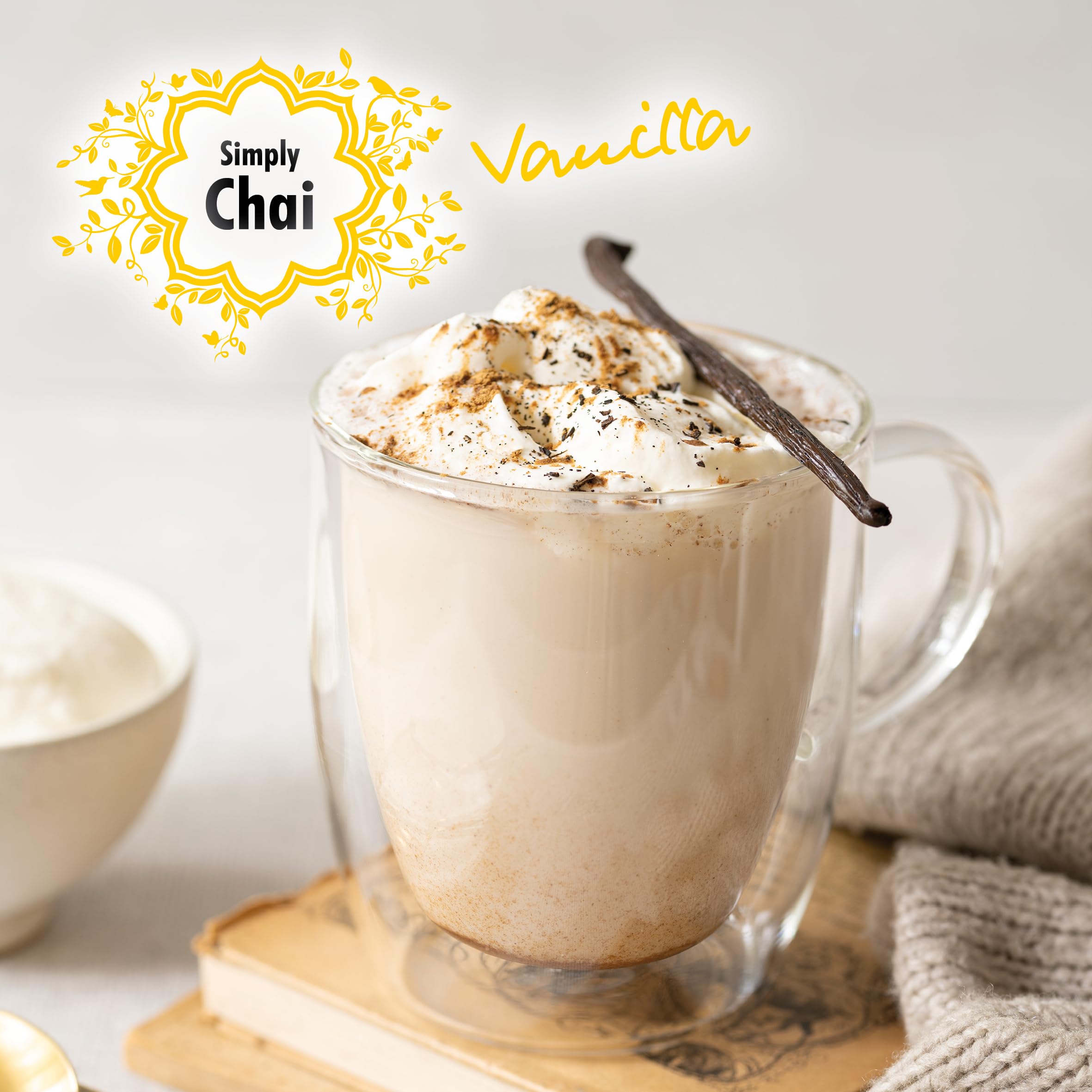 Simply Chai Bio & Vegan Vanilla Chai Latte Pulver, 1kg Vorratsbeutel – Milder indischer Gewürztee mit Schwarztee, Vanille & Zimt, instant löslich