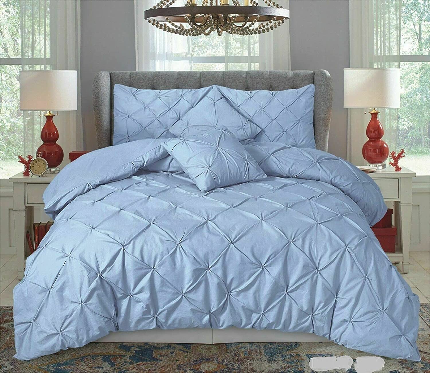 Northern Luxe 3 in 1 Pintuck Duvet Cover Soft Bedding Set with Fitted Sheet & Pillow Cases Hybrid of Natural Cotton & Virgin Polyester - Hand Stitch Bedding Available in (Double, Duck-Egg)