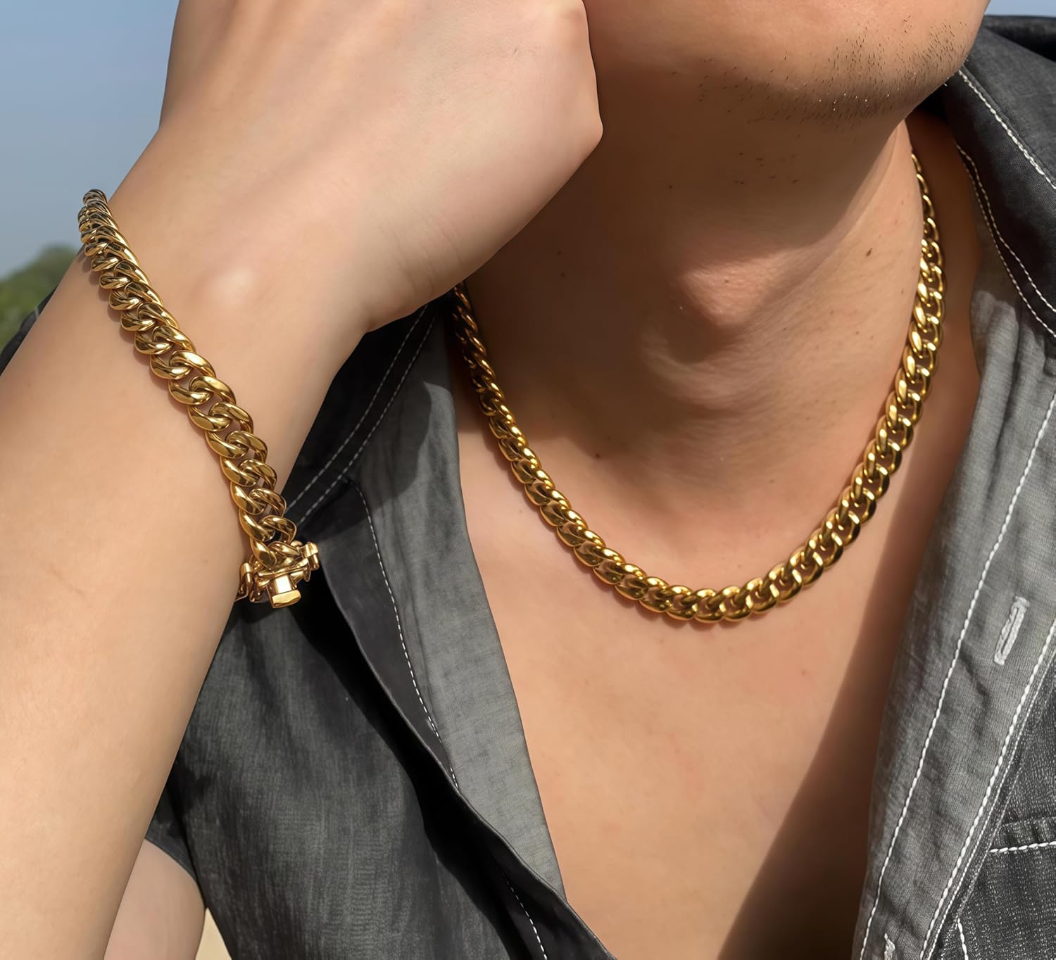 Cuban Link Chain Necklace/Bracelet for Men Women,14k Gold Plated 316 Thick Stainless Steel(Double Safety Clasp With 14K Stamp) , Hip Hop Jewelry Gift for Birthday/ Holiday(Valentines Day Anniversary Father's Day ) - Image 2