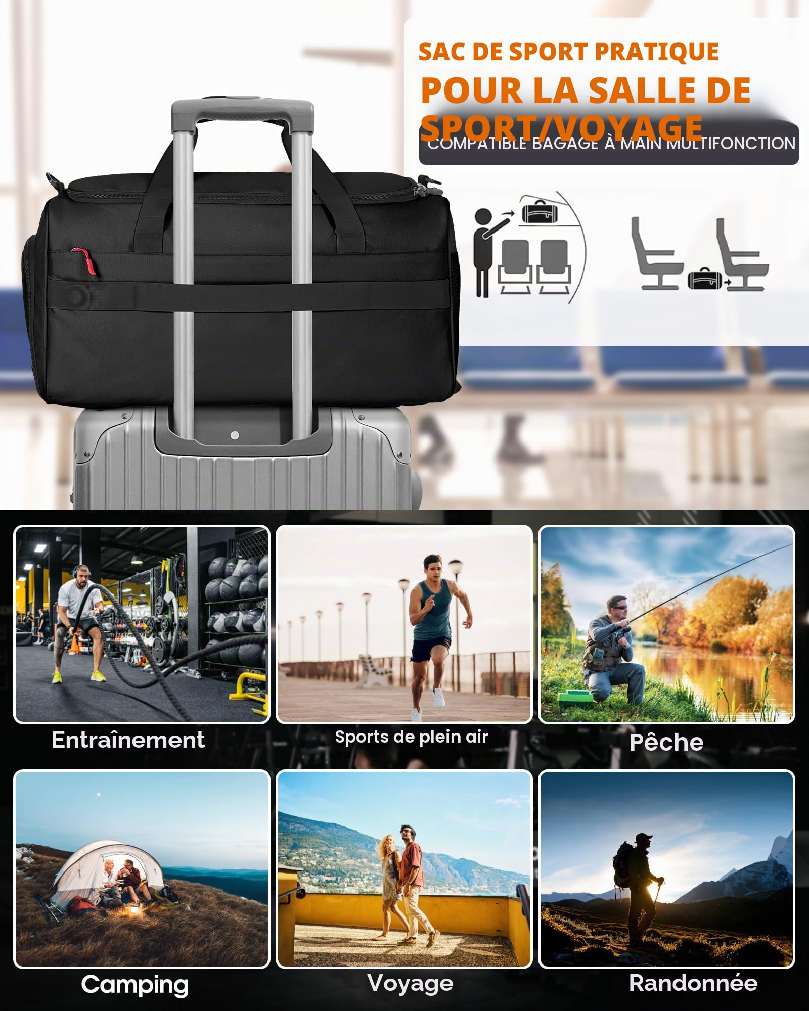 RAINSMORE 3 en 1 Sac de Sport Homme 45L Sacs de Voyage Sac de Weekend | Sac Cabine Bagage avec Fonction Sac à Dos 45L avec Compartiments Chaussures et Ordinateur Portable