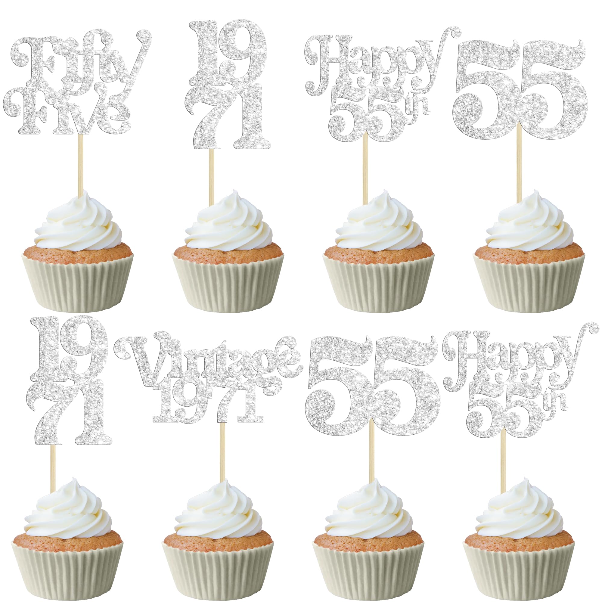 Gyufise 30Pcs 55th Birthday Cupcake Toppers Glitter Vintage 1971 Cheers to 55 Fabulous Fifty Five Cupcake Picks 55th Birthday Wedding Anniversary Party Cake Decorations Supplies Silver