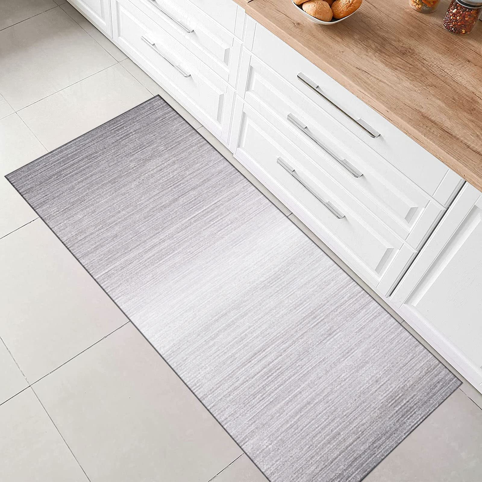 Läufer Teppich Flur rutschfest Teppich für Küche Wohnzimmer Modern Abstrakt Grau Farbverlauf Design