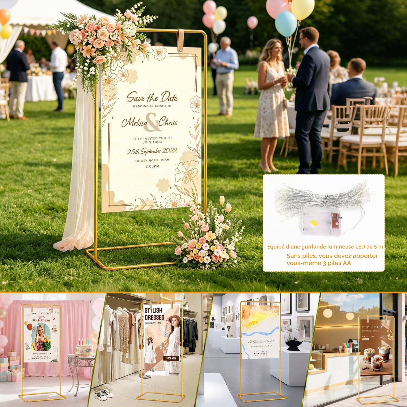 Présentoir Pour Panneau De Bienvenue De Mariage, 175x80x50cm Porte-Affiche De Mariage Ajustable En Métal Doré Avec 2 Sangles En Cuir Et Guirlande Lumineuse De 5M Pour Réception De Mariage