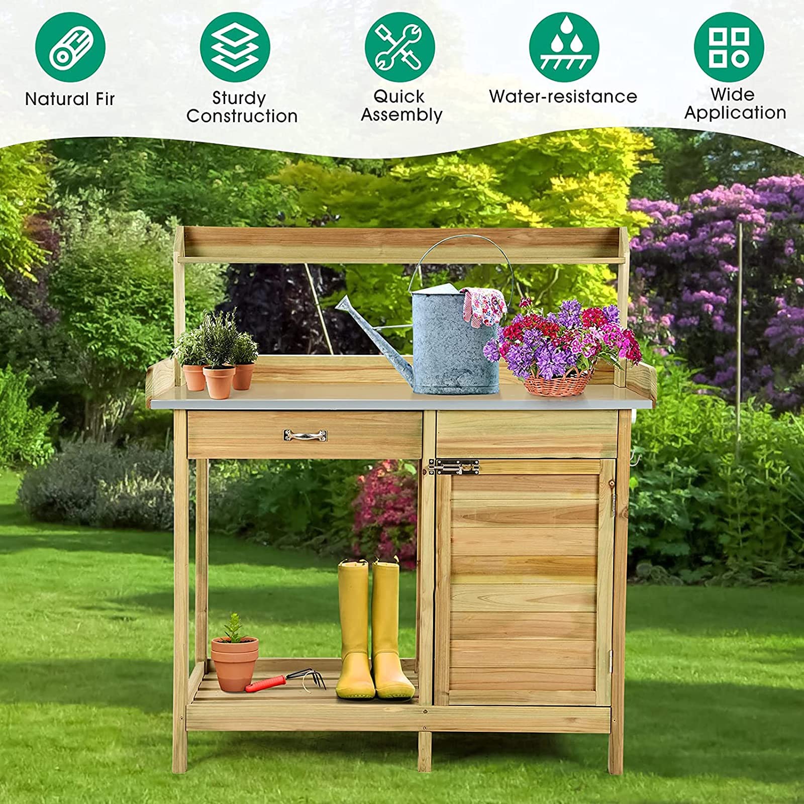 Banco de jardín de Madera con Mesa de Trabajo, Armario de Metal, cajón y Ganchos, Mesa de jardinería para Exterior con Estante de Almacenamiento, 101,6 x 41,4 x 125 cm, Color Madera Natural.