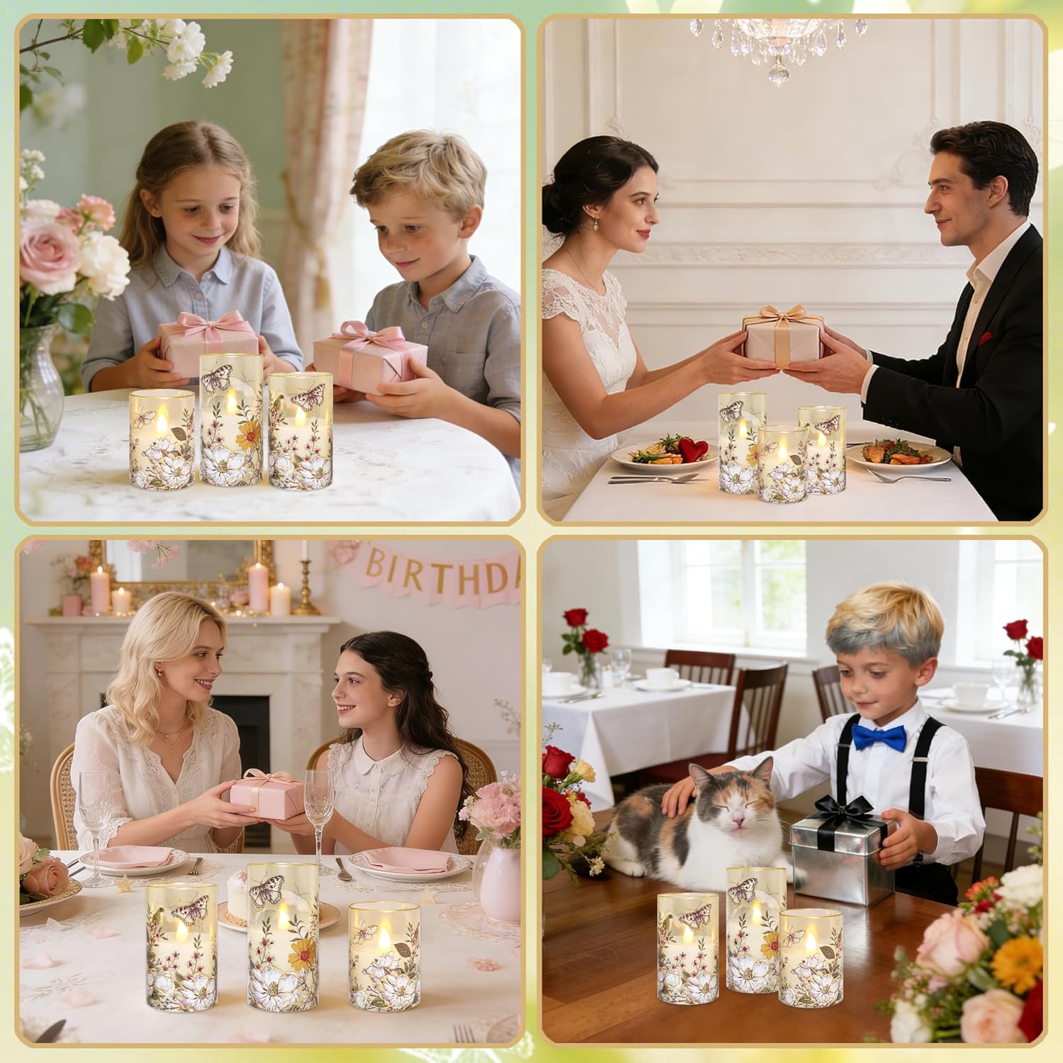 MELTONE Flameless LED Candles Botanical Butterfly Design with Remote Control & Timer Function & Dimmable, Battery Operated Glass Candles for Home Party Wedding Christmas Spring Decor, Set of 3