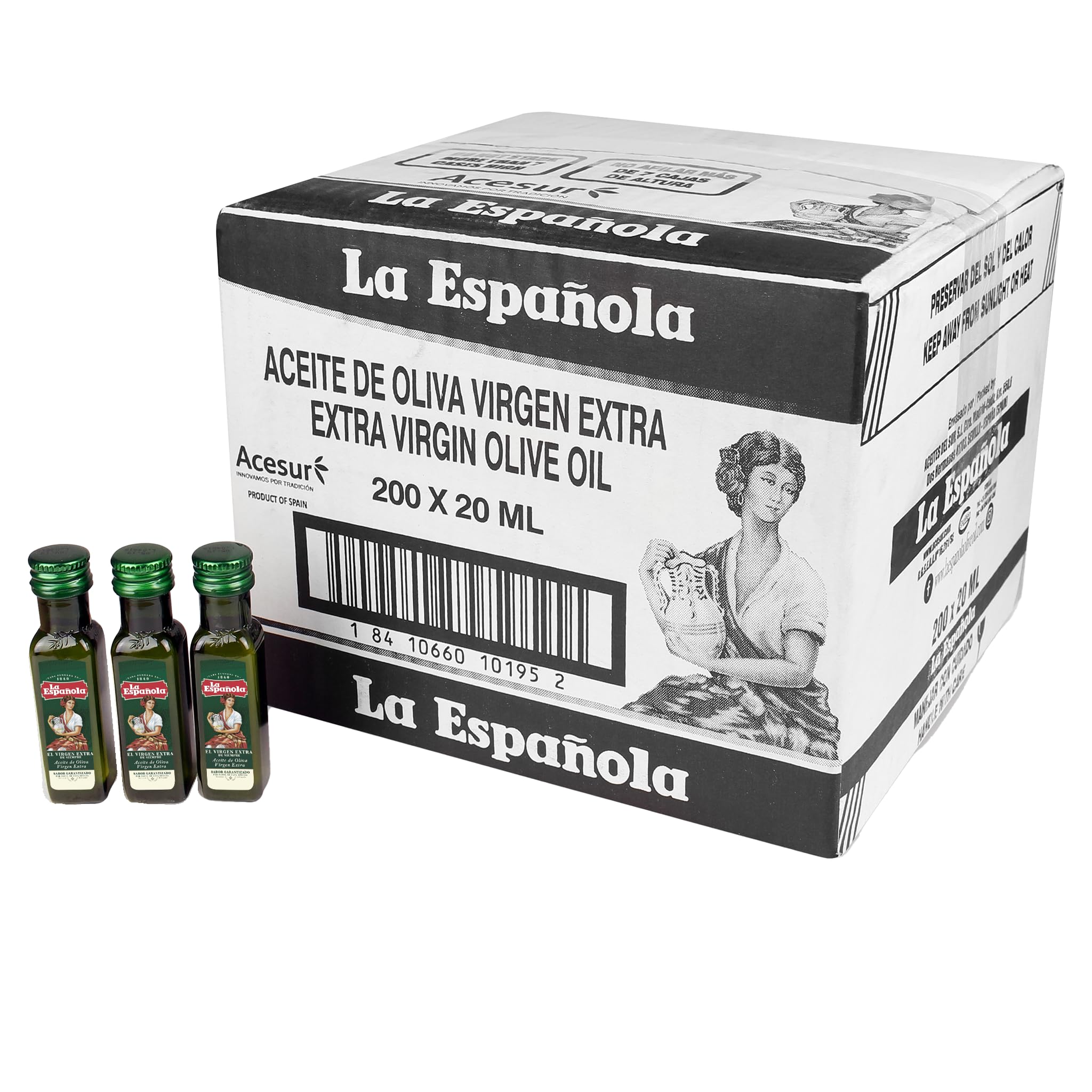 LA ESPAÑOLA- Aceite de Oliva Virgen Extra 200 Monodosis. Miniaturas Individuales de 20ml para Hostelería y Regalar en Bodas o Eventos.