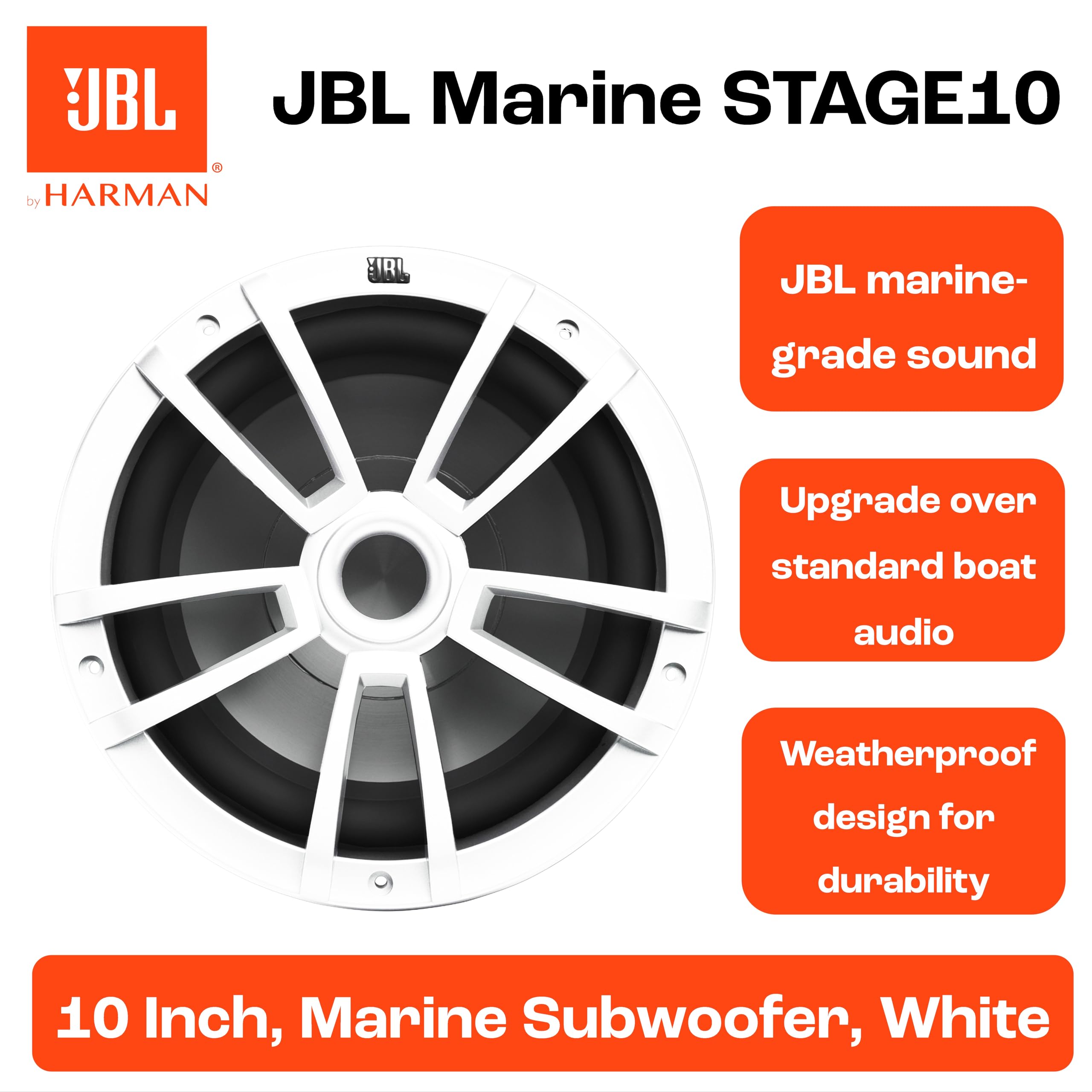 JBL Stage Marine 10 Subwoofer 250mm con 200W RMS e 600W Peak 88dB sensibilità 30Hz–250Hz 4 ohm design marino resistente ideale per imbarcazioni offrendo bassi profondi e prestazioni affidabili