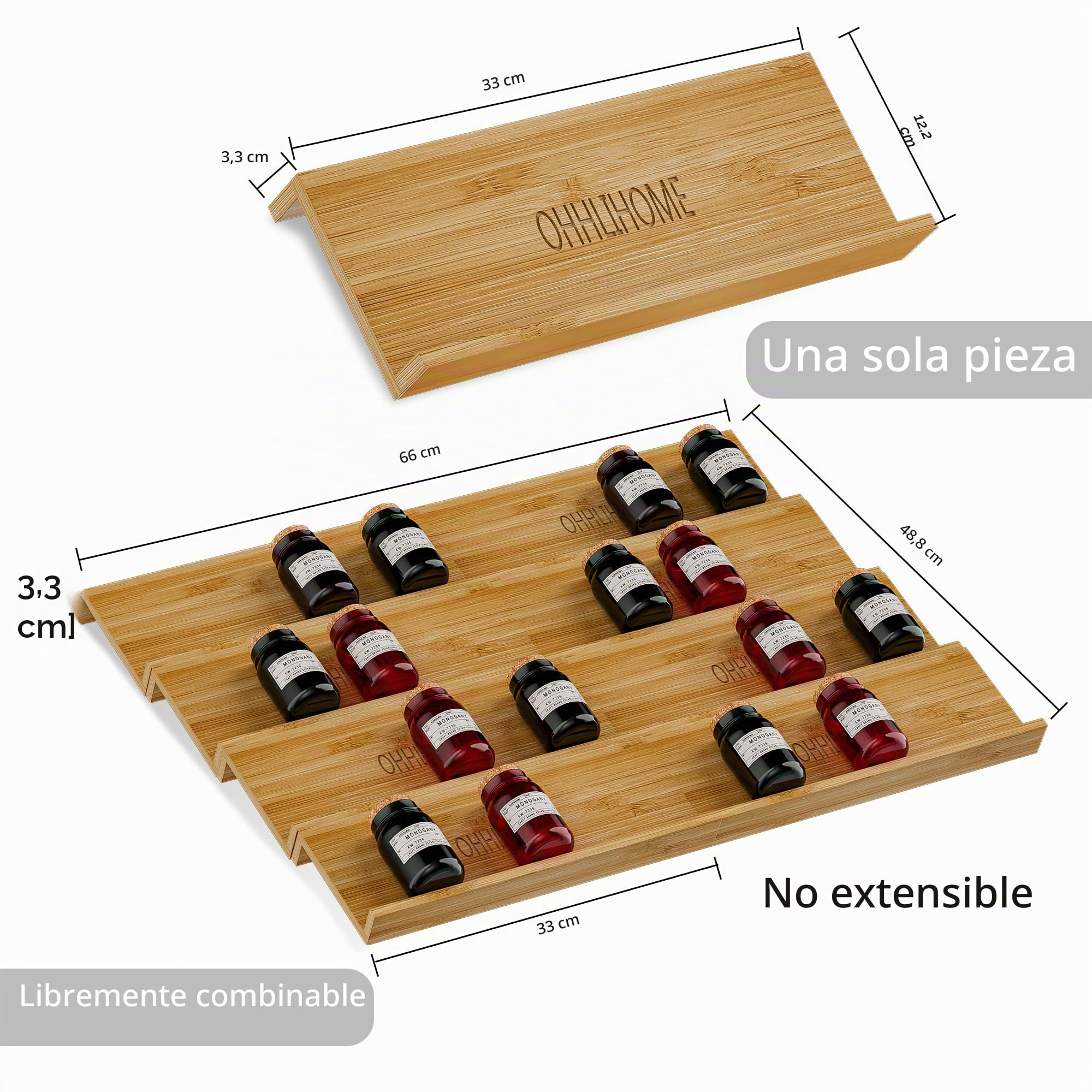 Organizador de cajones de especias de bambú, paquete de 8 bandejas de 13 x 4.7 x 1.6 pulgadas, inserto de cajones de tarros de especias, organizador de condimentos