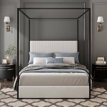 Harper & Bright Designs Metal Canopy Bed Frame with Upholstered Headboard, Queen Size Modern Canopy Bed with Gold 4 Poster, Corduroy Upholstered Platform Bed, White